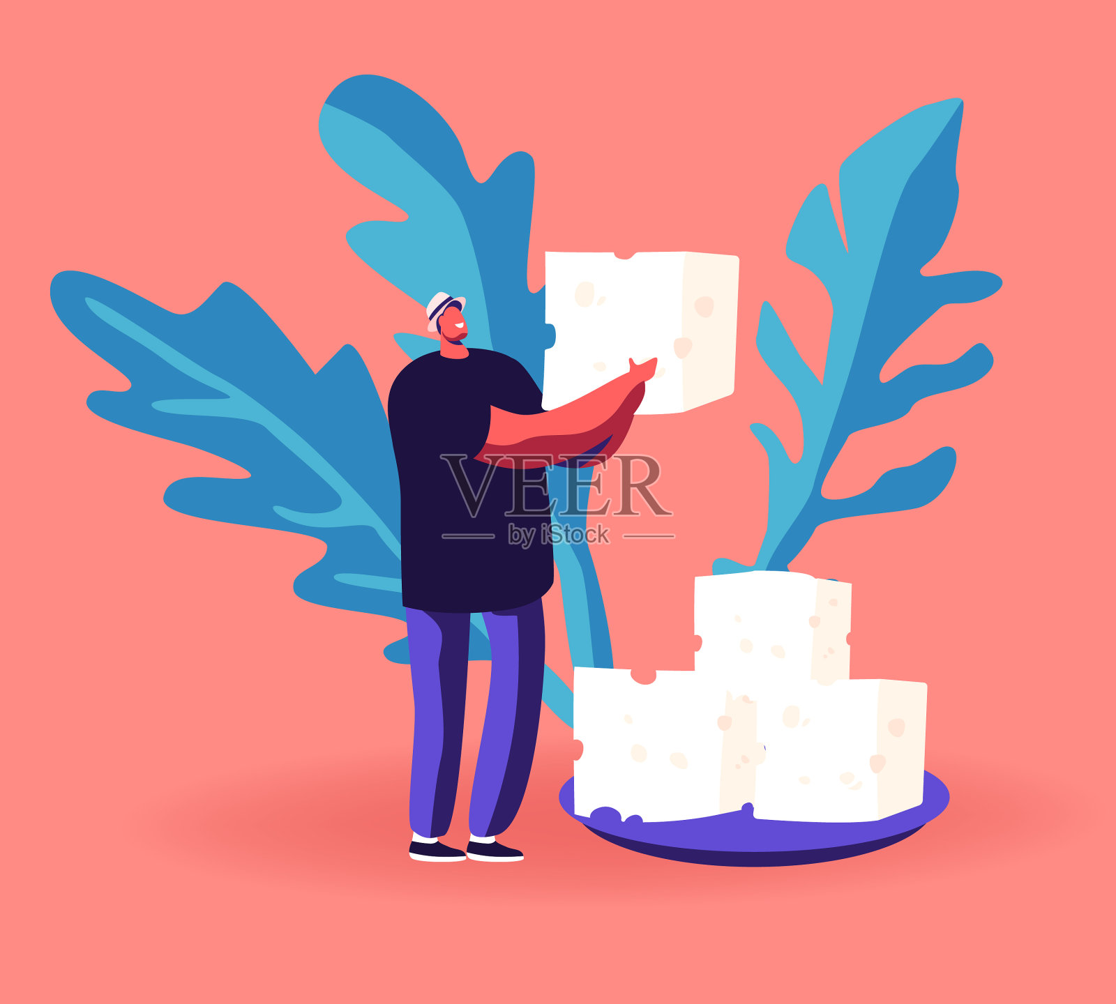 男人拿着一块切好的新鲜羊乳酪插画图片素材