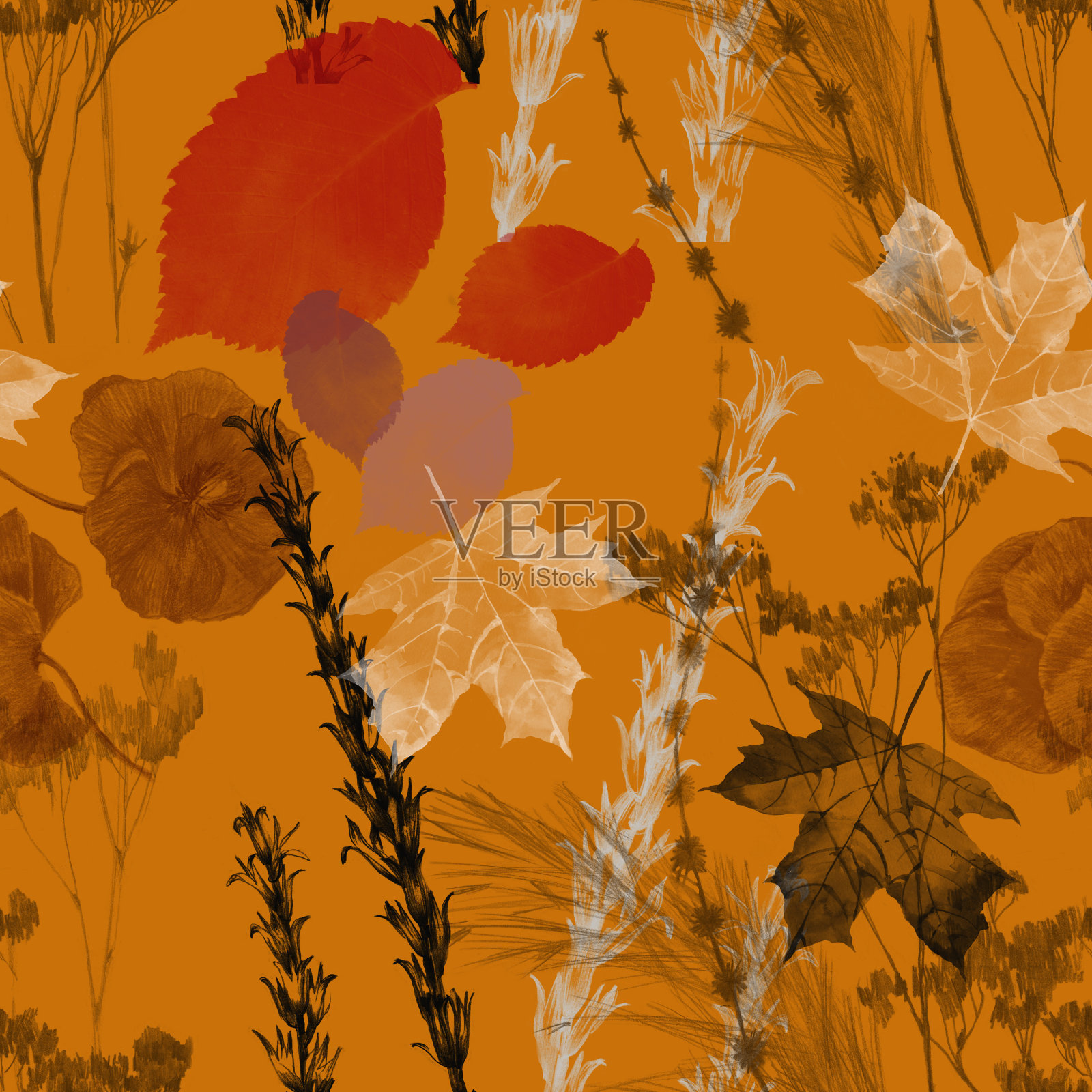 水彩秋天的叶子和草在橙色无缝图案插画图片素材