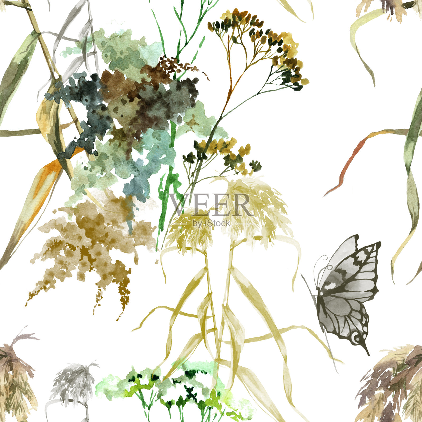 水彩秋季干草上白色无缝图案插画图片素材