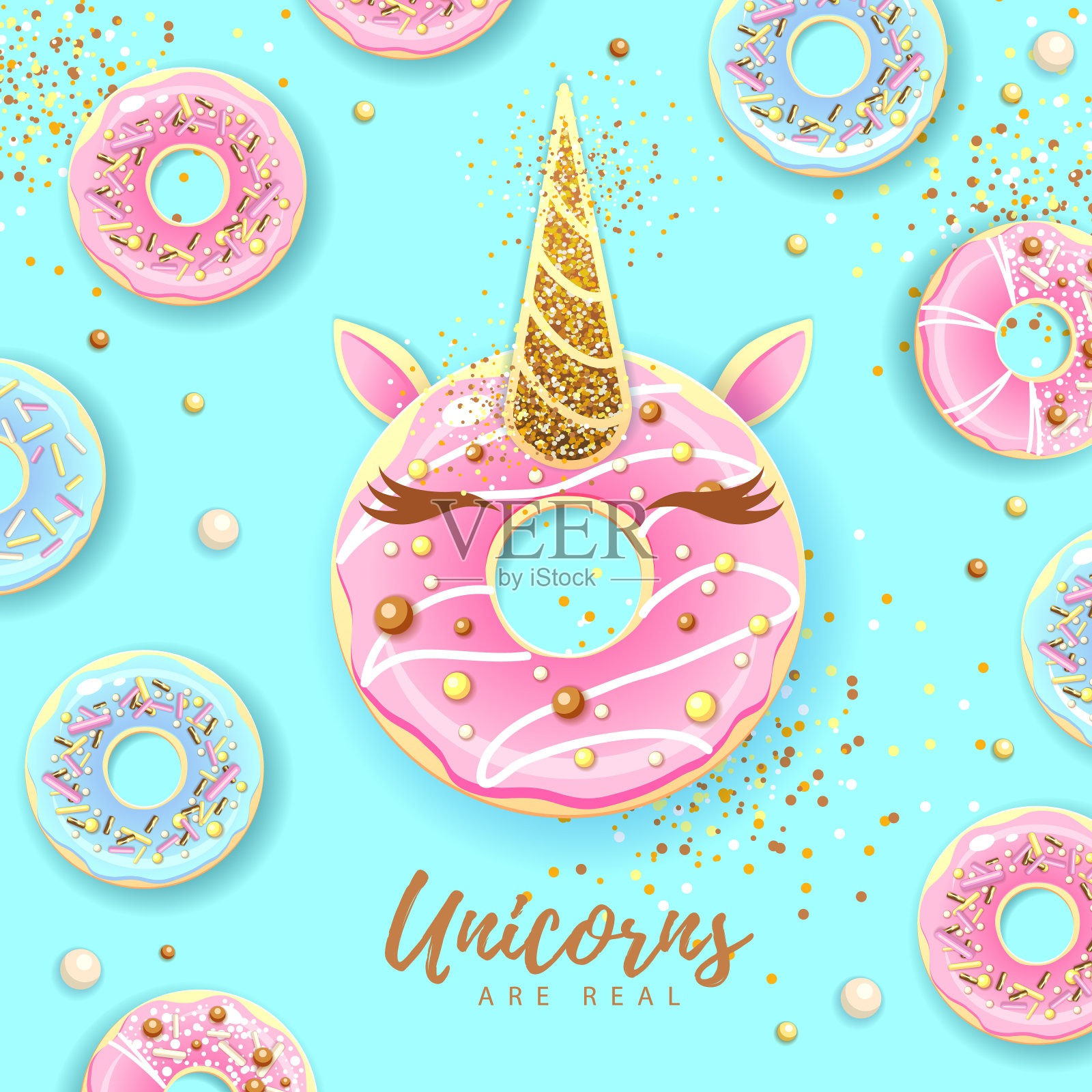 童话般的甜甜圈像独角兽。垃圾快餐。插画图片素材