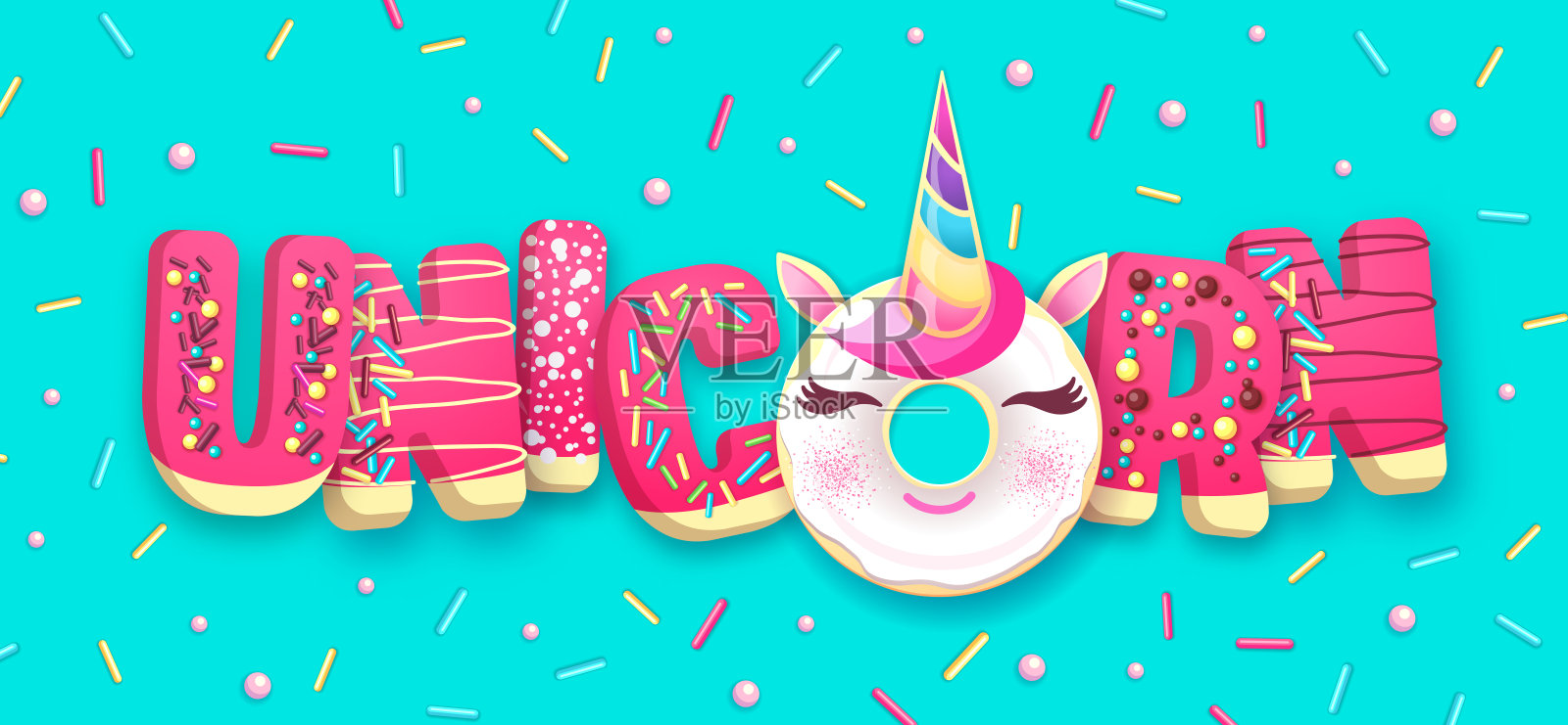 印刷横幅与幻想童话甜甜圈像独角兽。垃圾快餐。插画图片素材