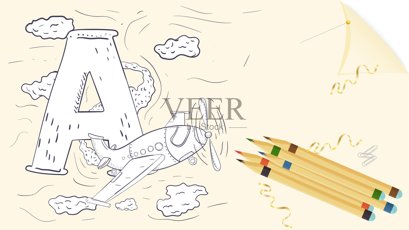 插图布局的英文字母表横幅为学习字母表字母A飞机在一张纸上用彩色铅笔轮廓涂鸦插画图片素材