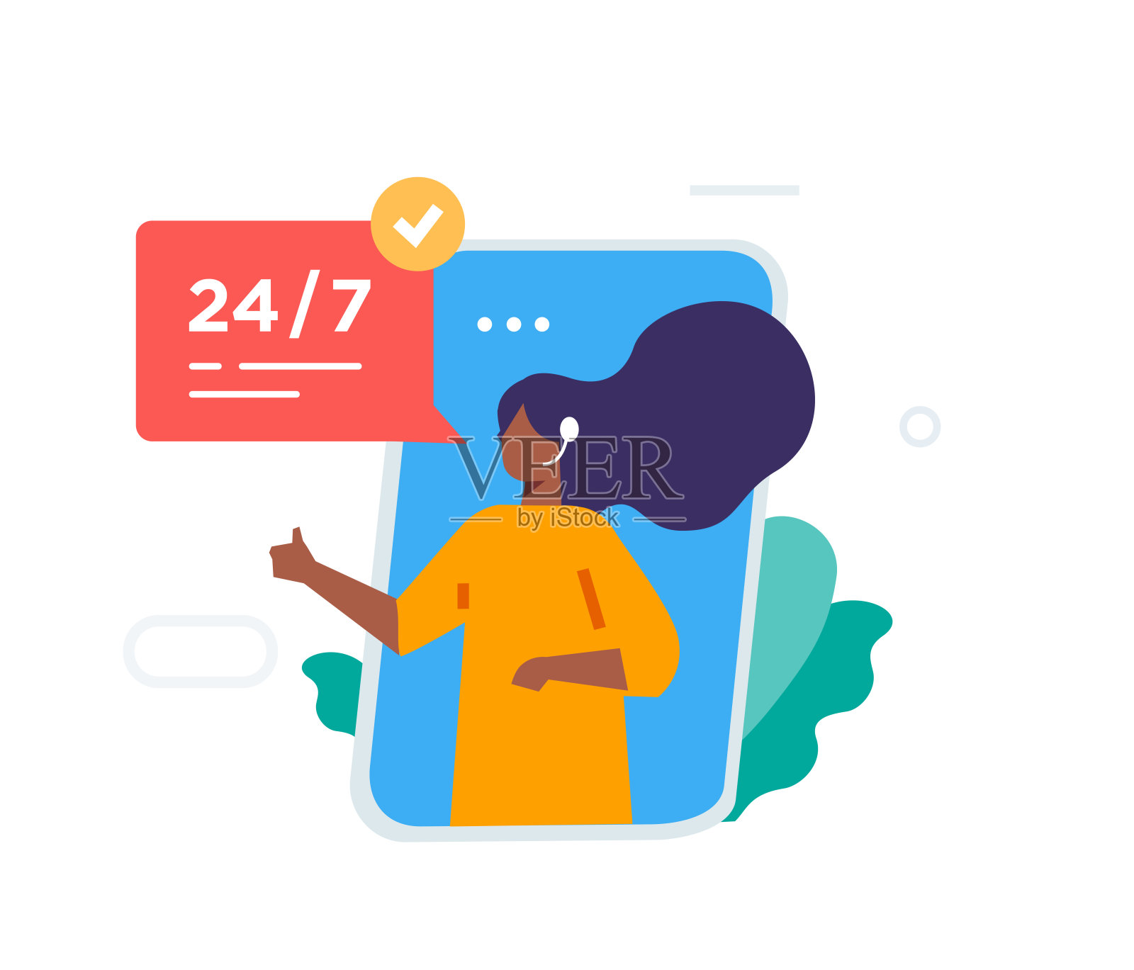 支持中心女孩电话呼叫图标，插图。智能手机平板电脑用户界面社交媒体。平面插图图标信息图。登陆页网站打印海报。插画图片素材