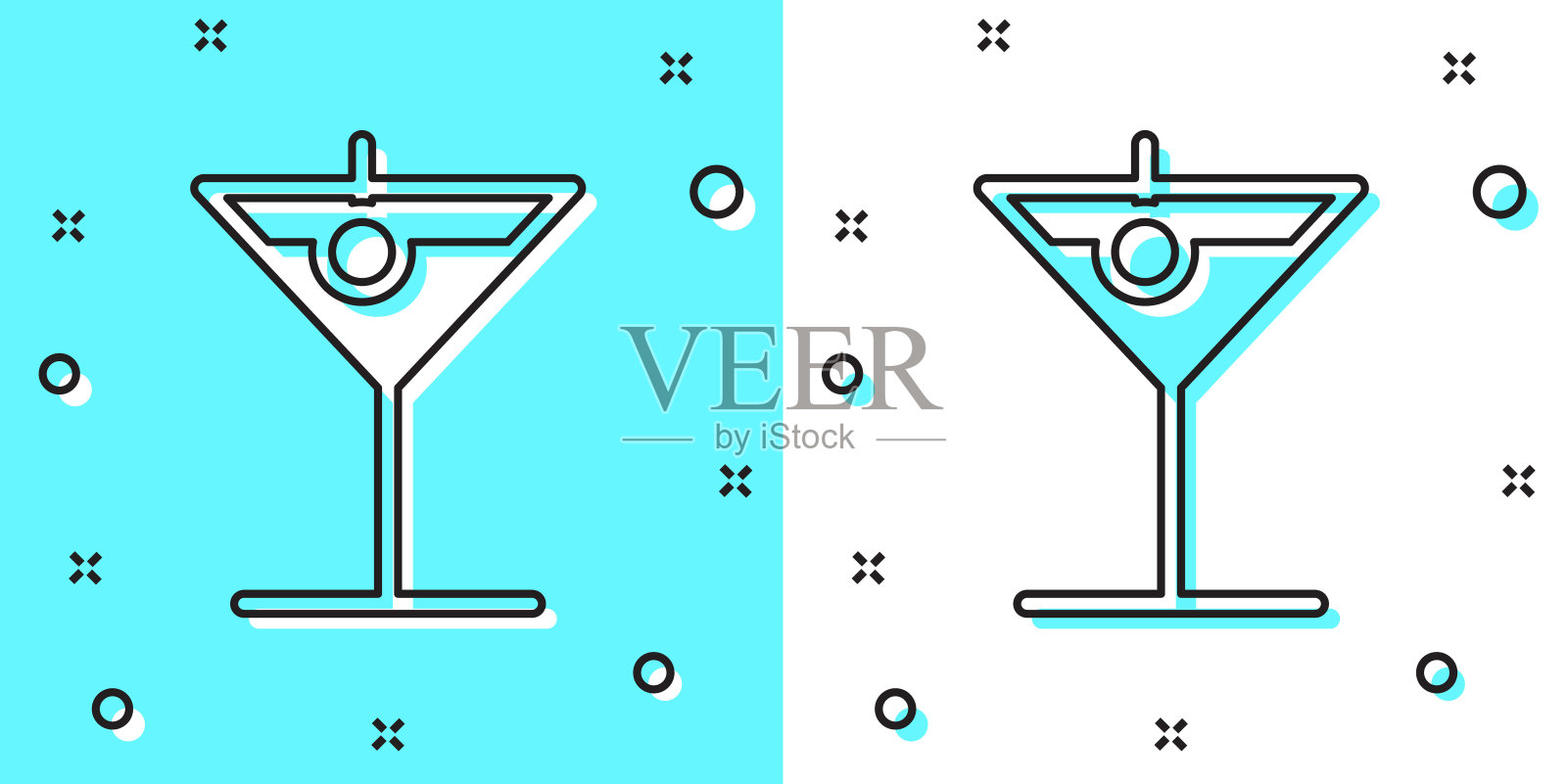 黑线马提尼玻璃图标孤立在绿色和白色的背景。鸡尾酒图标。酒杯图标。随机动态形状。矢量图插画图片素材