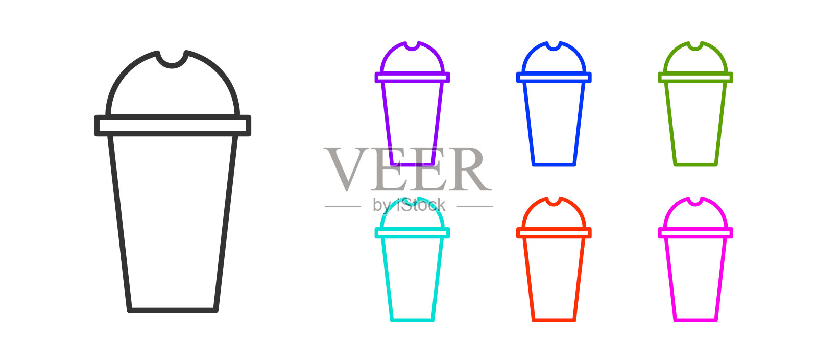 黑线奶昔图标孤立在白色背景。带盖和吸管的塑料杯。设置图标丰富多彩。矢量图插画图片素材