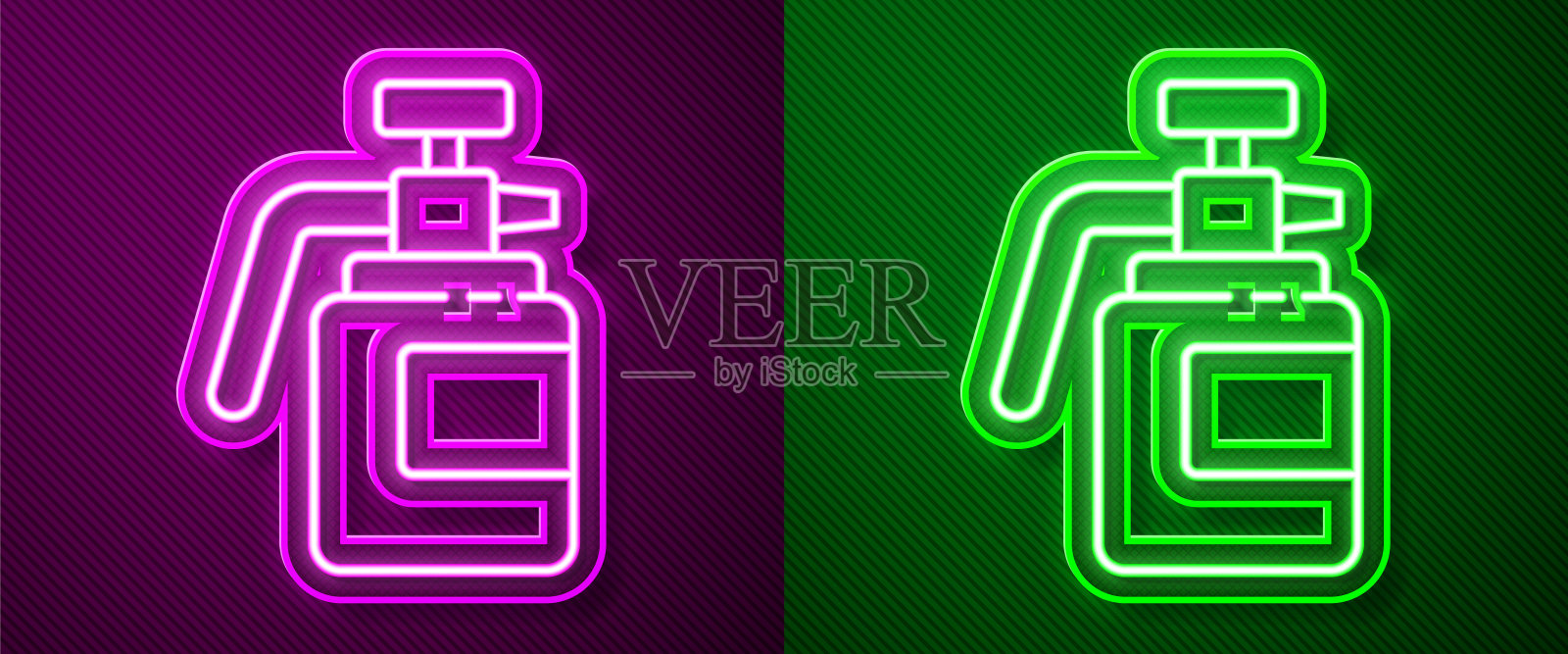 霓虹灯线花园喷雾器的水，肥料，化学品图标孤立在紫色和绿色的背景。矢量图插画图片素材
