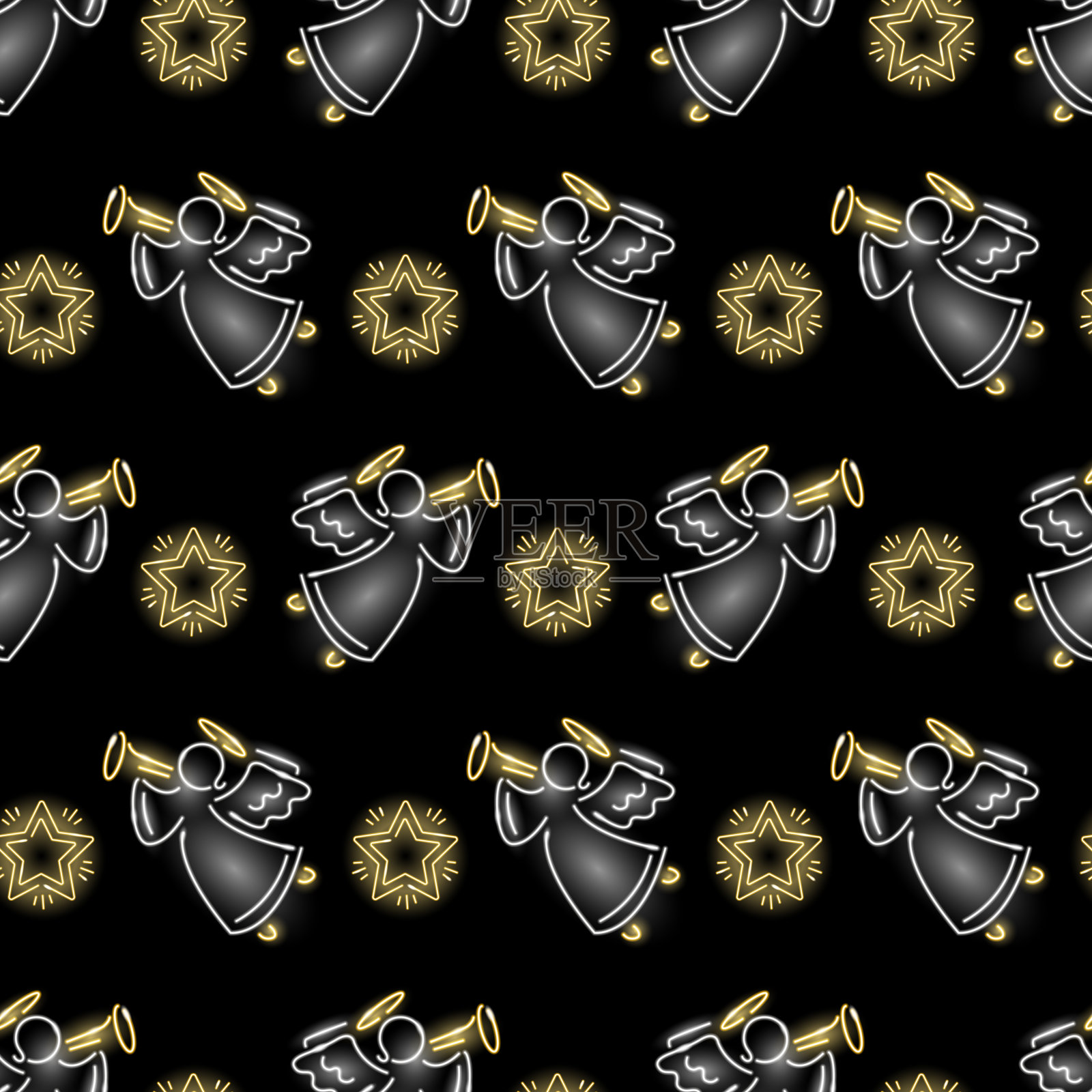 无缝图案与霓虹灯图标的天使和圣诞明星在黑色的背景。霓虹夜景招牌风格。矢量10 EPS插图。插画图片素材