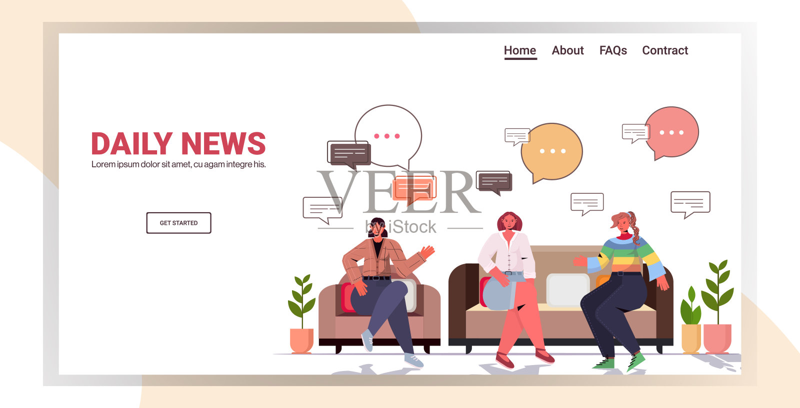 朋友们在会议期间讨论日常新闻，聊天泡泡交流概念，女性在一起消磨时间插画图片素材