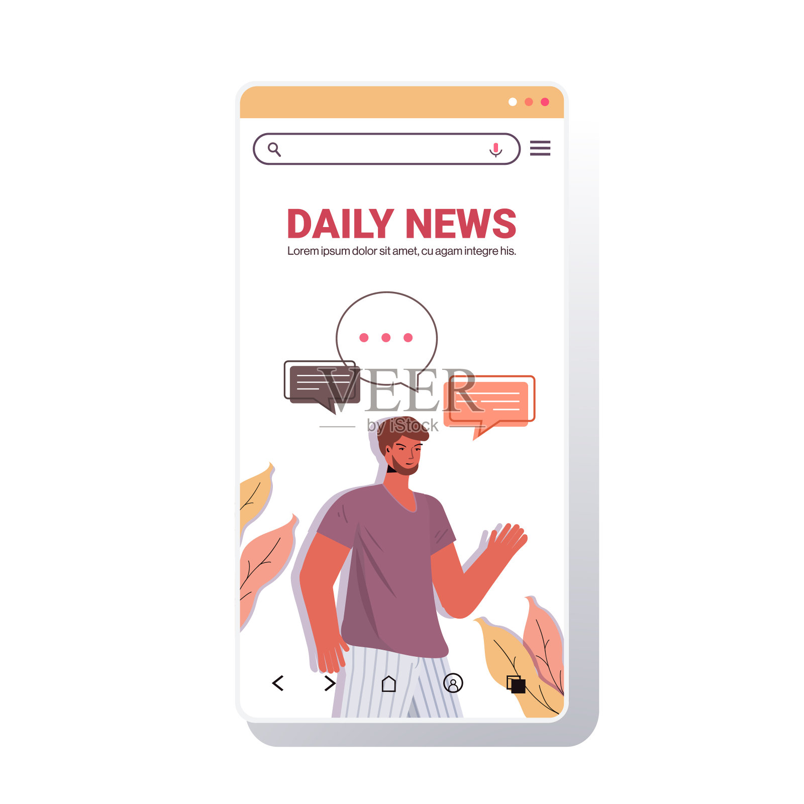 男人用聊天气泡通讯每日新闻概念智能手机屏幕肖像插画图片素材