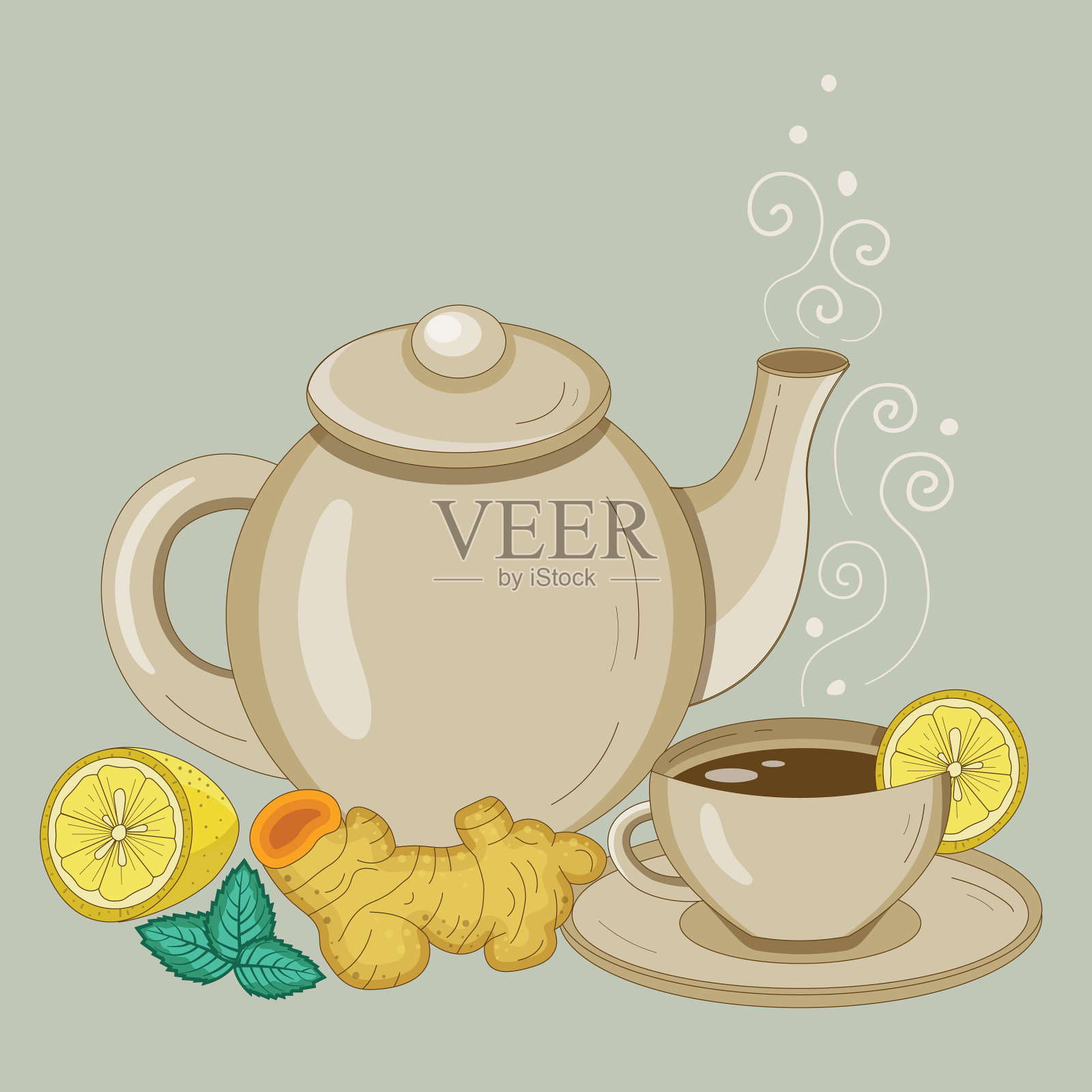 茶壶和杯子姜和柠檬茶插画图片素材
