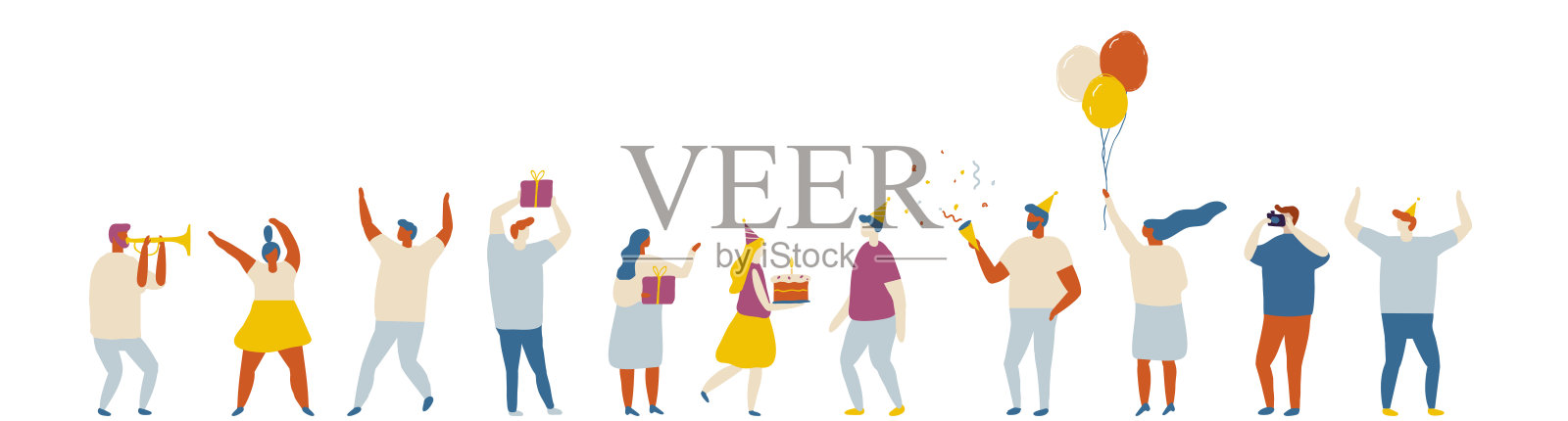 矢量党扁平化的人。快乐的人跳舞。生日插画图片素材