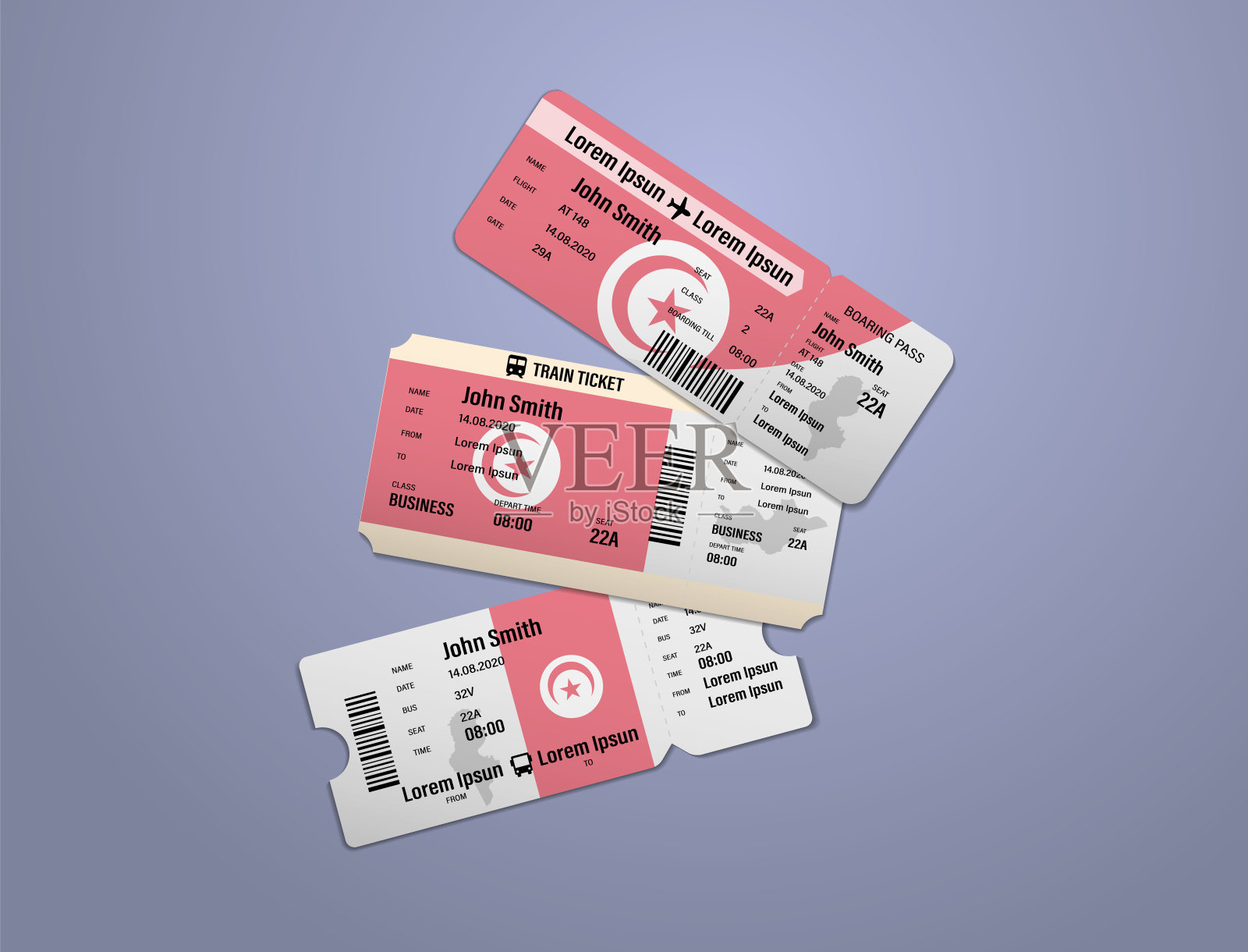 现代设计的突尼斯航空、公交、火车旅行登机牌。三张突尼斯的船票，涂上国旗颜色。矢量插图孤立插画图片素材