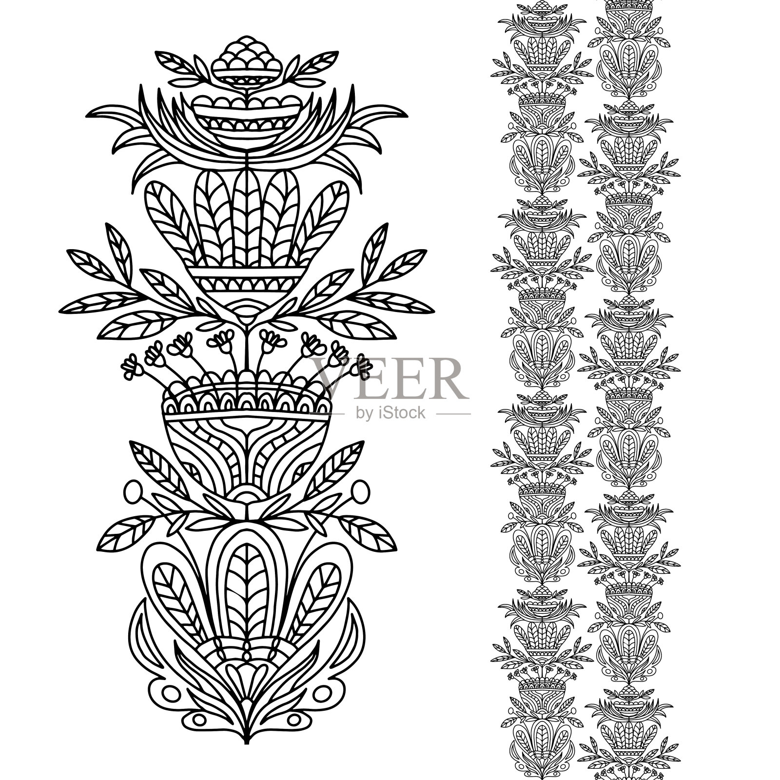 民俗花饰绘制在白色背景无缝边框，矢量插画图片素材