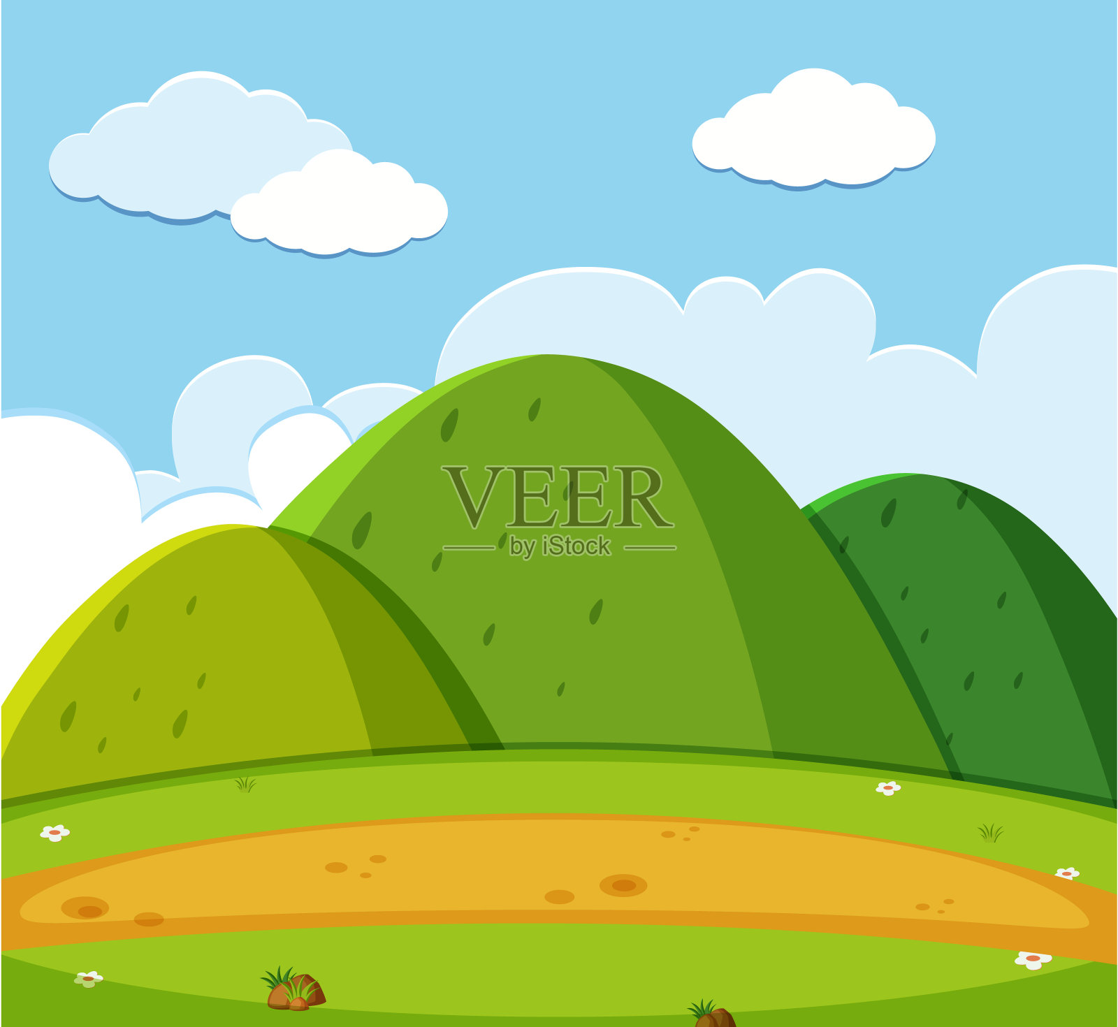 空旷的自然景色，绿色的山和空白的天空插画图片素材