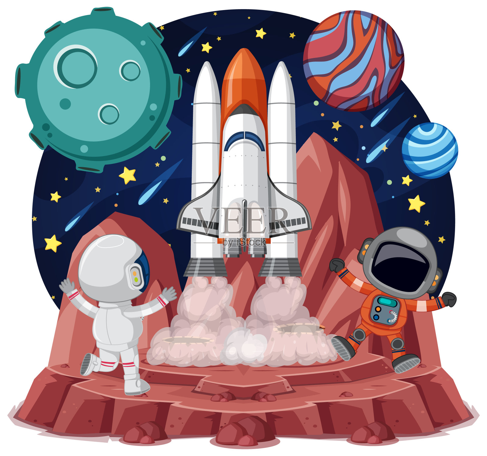 太空主题与宇航员和宇宙飞船孤立的白色背景插画图片素材