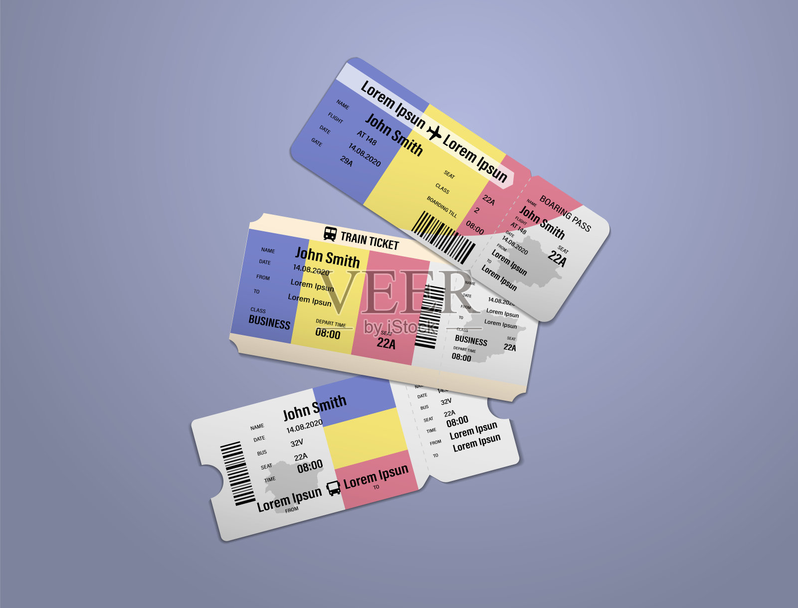 现代设计的安道尔航空公司，公共汽车和火车旅行登机牌。三张安道尔的彩旗票。矢量图分离插画图片素材