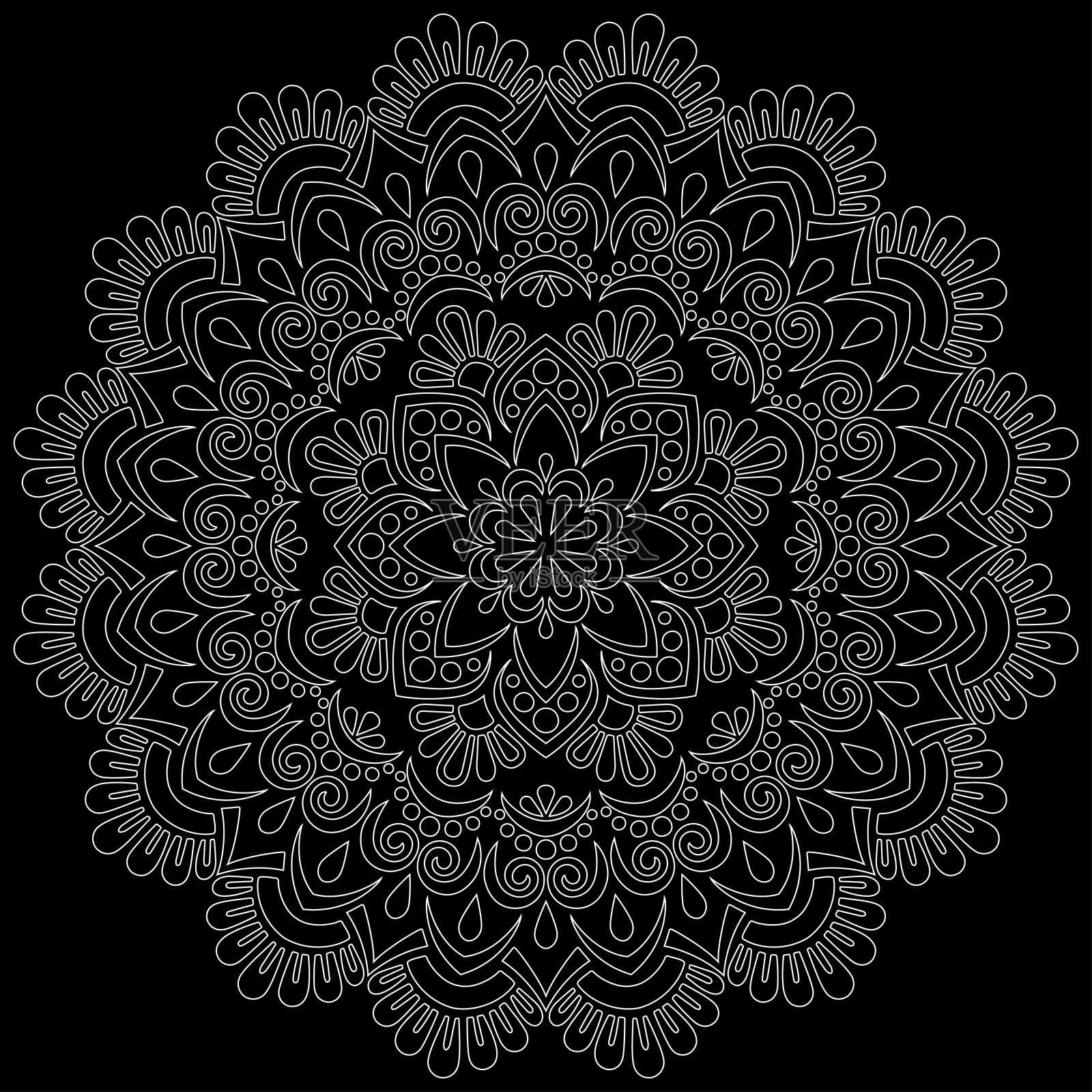 白色轮廓曼荼罗在黑色涂鸦素描插画图片素材