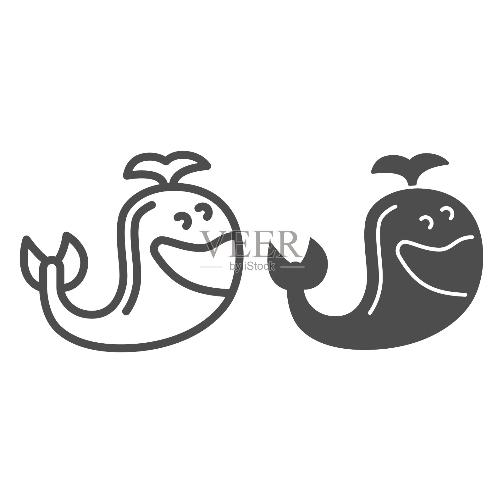 玩具鲸鱼线和固体图标，儿童玩具概念，白色背景上的鲸鱼动物标志，可爱的鲸鱼玩具图标轮廓风格的移动概念和网页设计。矢量图形。设计元素图片