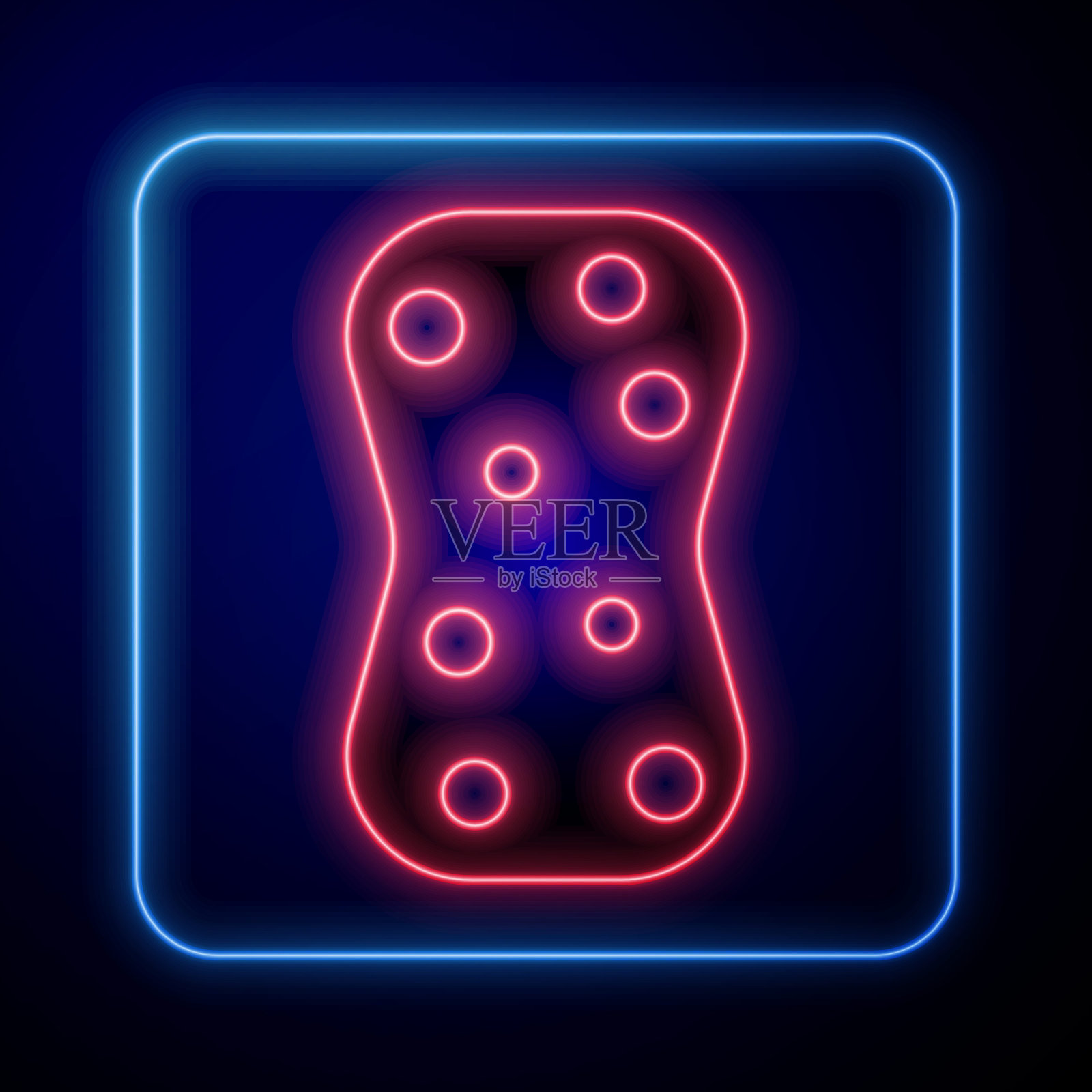 发光霓虹灯海绵泡沫图标孤立在蓝色背景。一缕洗碗用的韧皮。清洁服务的标志。矢量图插画图片素材