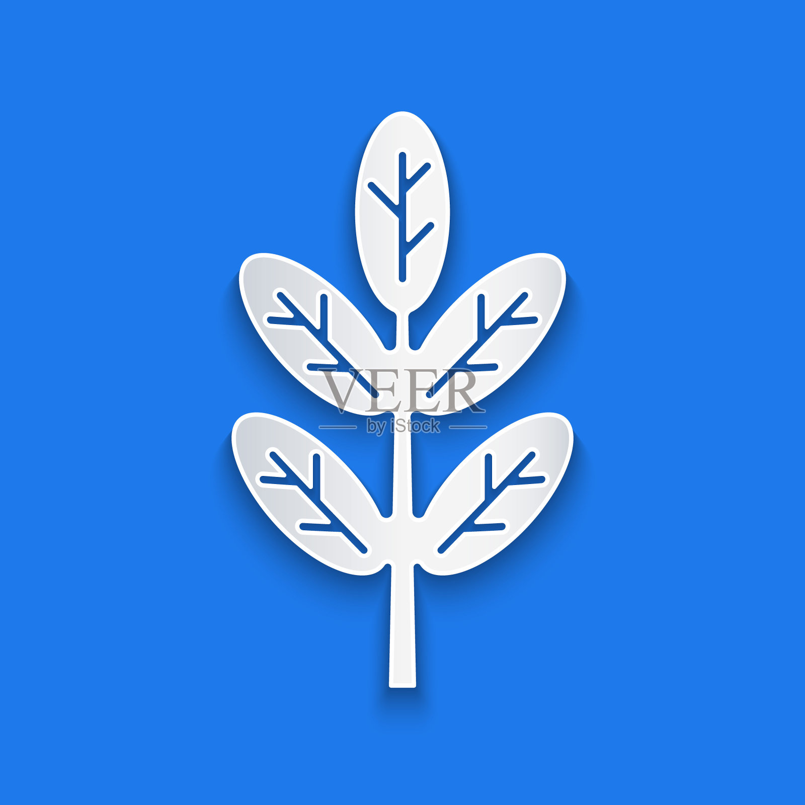 剪纸叶子图标孤立在蓝色背景上。叶子的迹象。新鲜天然产品标志。纸艺术风格。矢量图插画图片素材