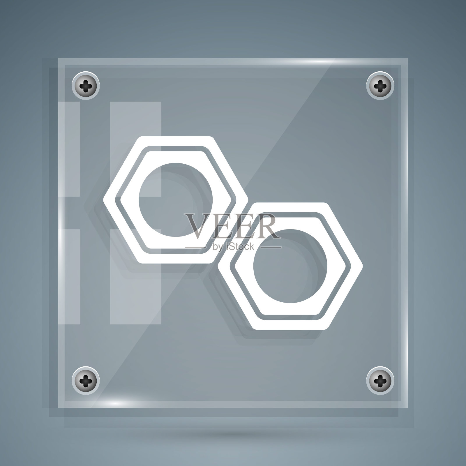 白色六角金属螺母图标孤立在灰色背景。方形玻璃面板。矢量图图标素材