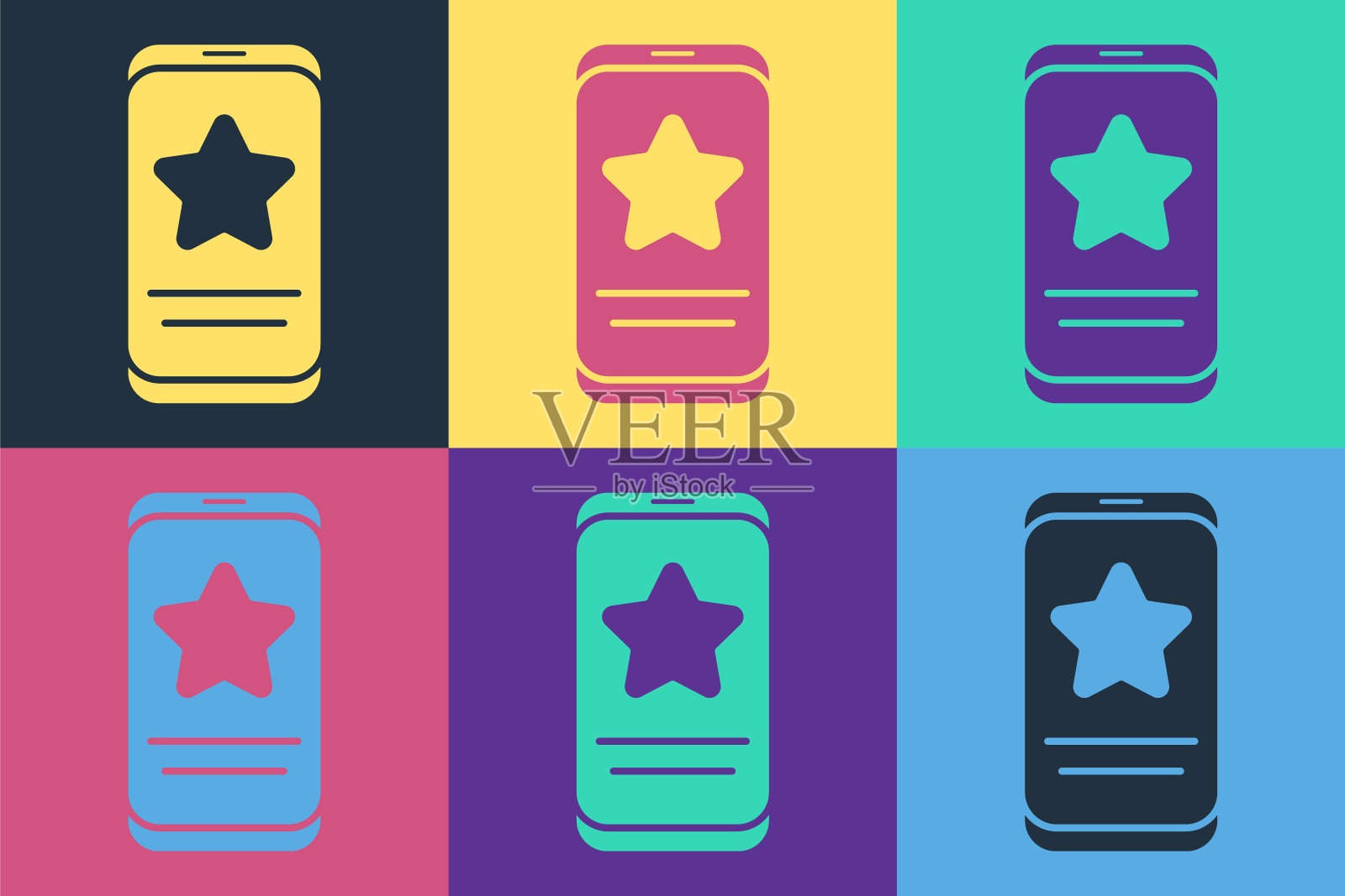 流行艺术手机与评论评级图标隔离的颜色背景。奖状信息，通知，反馈的概念。矢量图插画图片素材