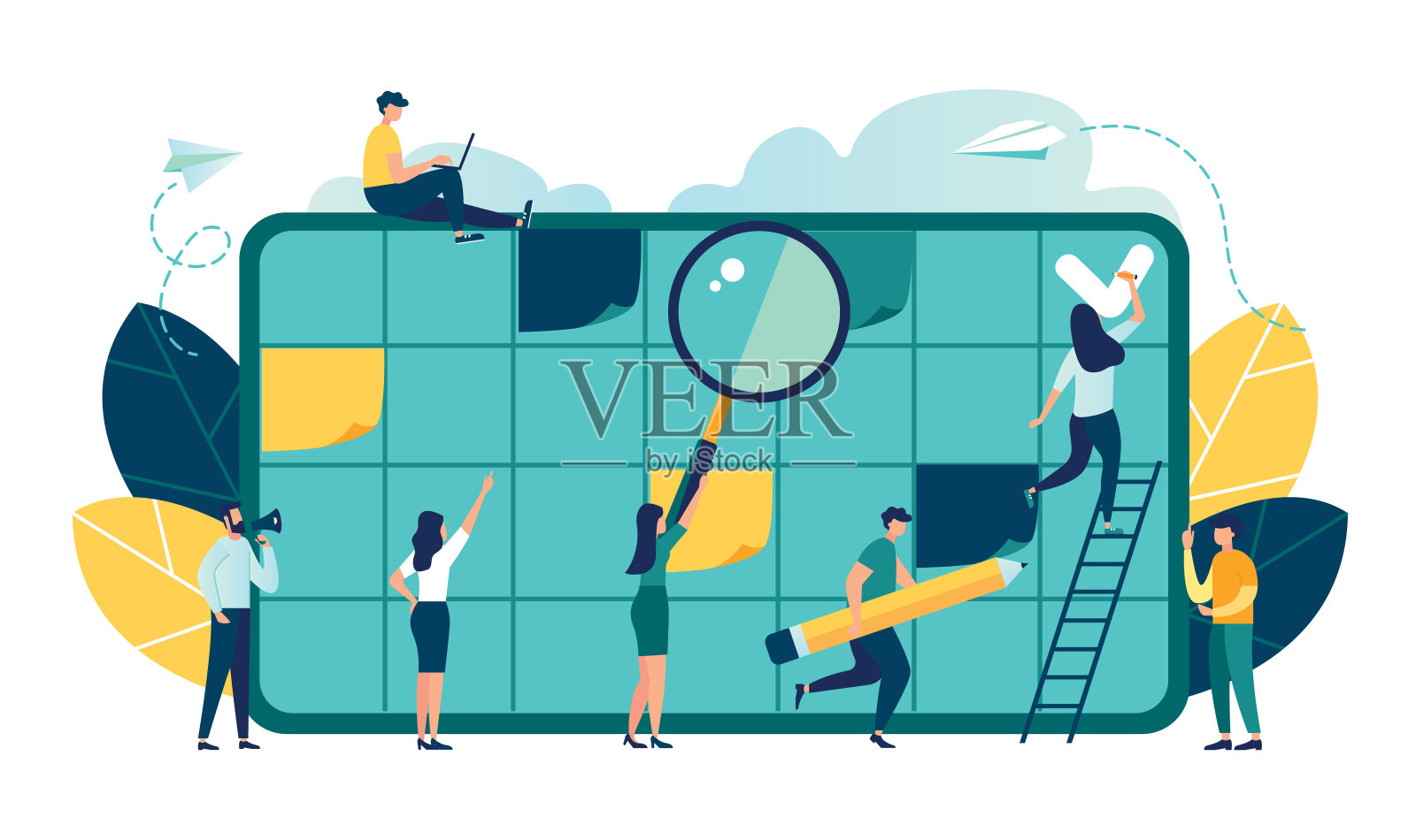 矢量插图，白板与进度计划，工作计划，每日例行，人们填写的时间表在表格插画图片素材