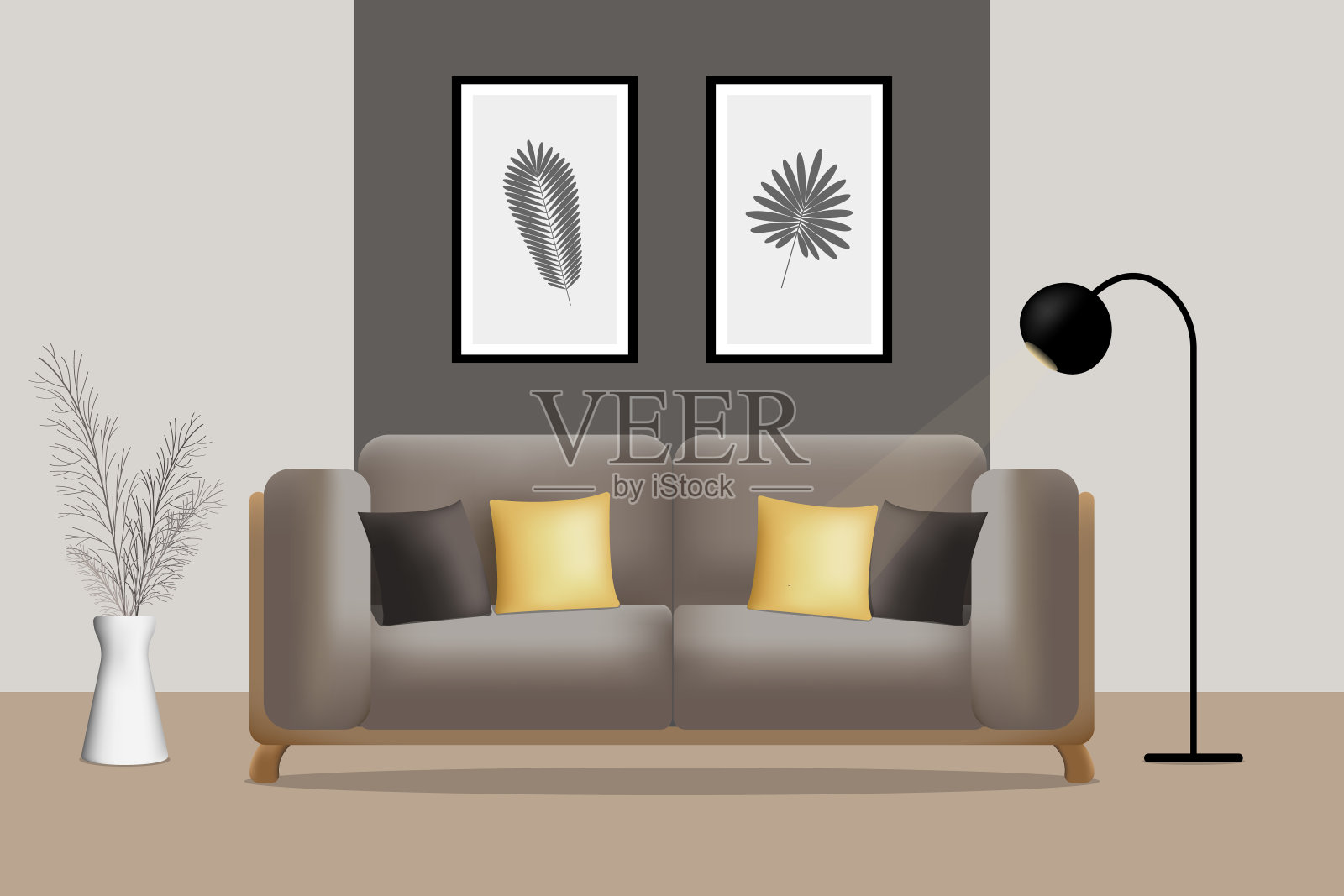 客厅舒适的内部。灰色的沙发，有黄色和深灰色的枕头插画图片素材