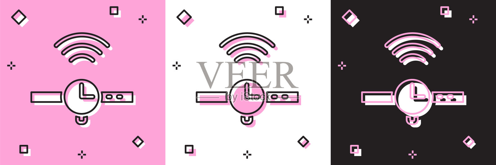 设置智能手表图标隔离在粉红色和白色，黑色背景。物联网概念与无线连接。向量插画图片素材