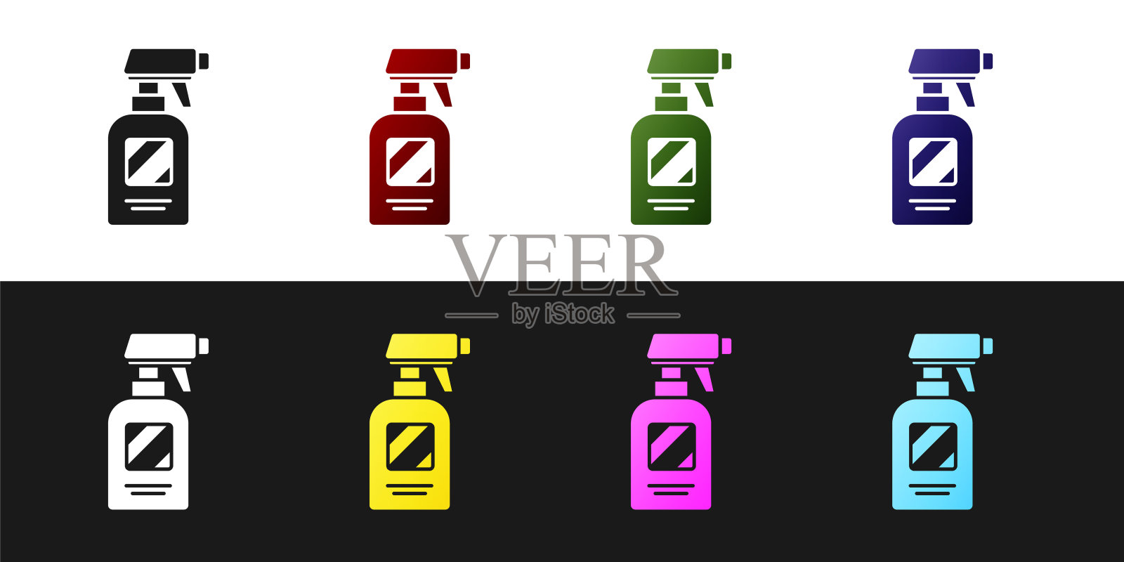 设置美发师手枪喷雾瓶与水图标隔离在黑白背景。矢量图插画图片素材