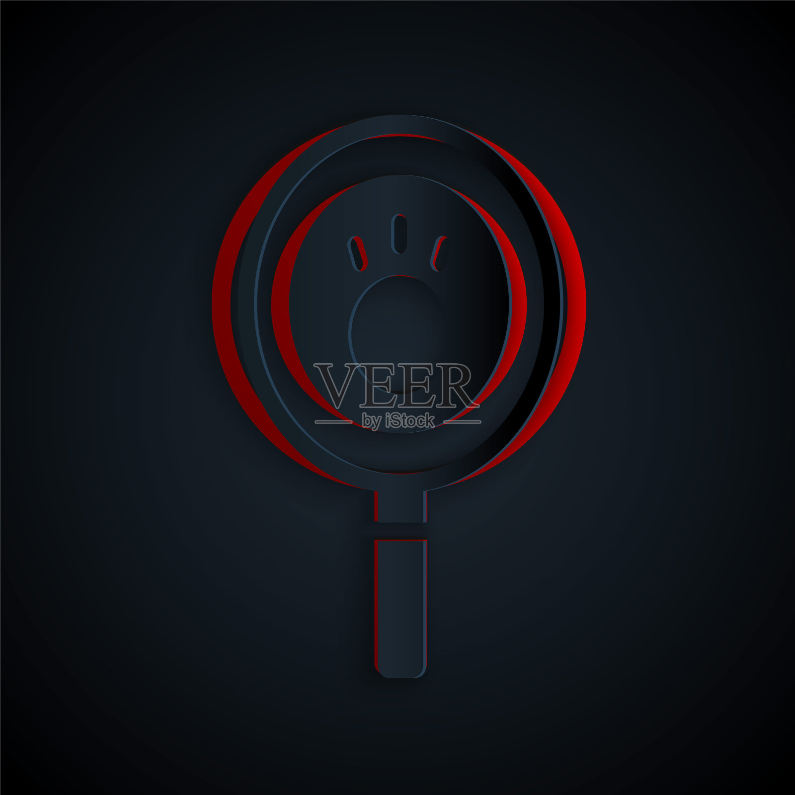 剪纸爪子搜索图标孤立的黑色背景。动物脚印放大镜。纸艺术风格。向量插画图片素材