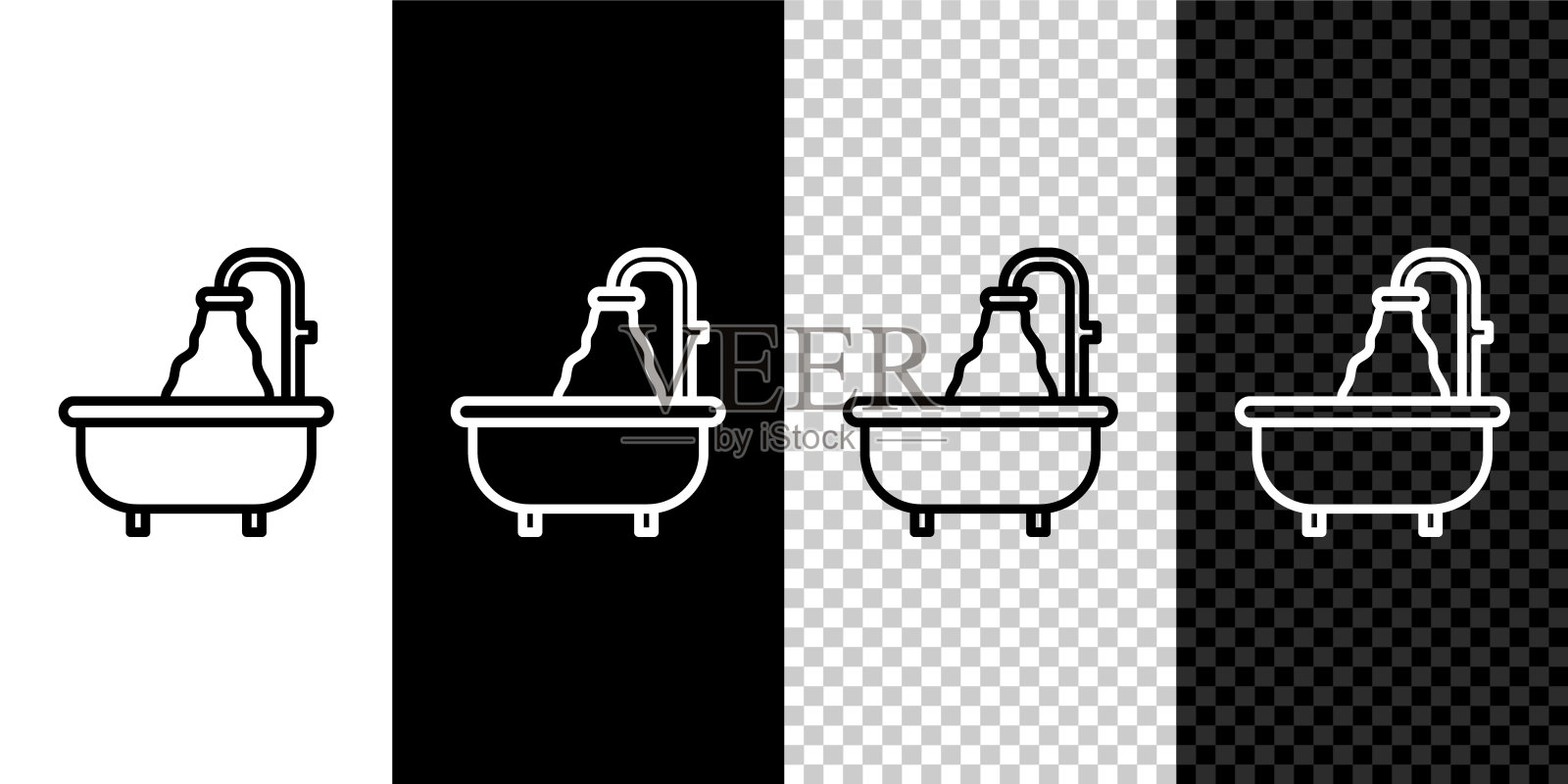 设置线浴缸图标隔离在黑色和白色背景。向量插画图片素材