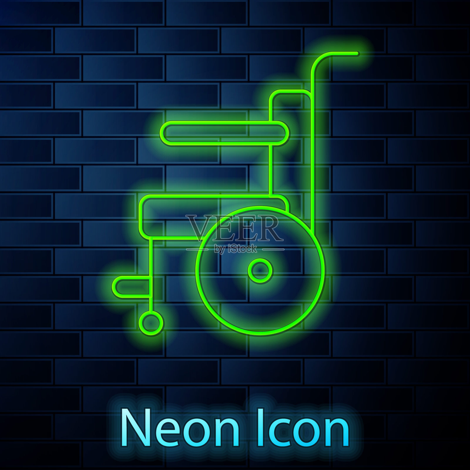 发光的霓虹灯线残疾人轮椅图标孤立在砖墙背景上。矢量图插画图片素材