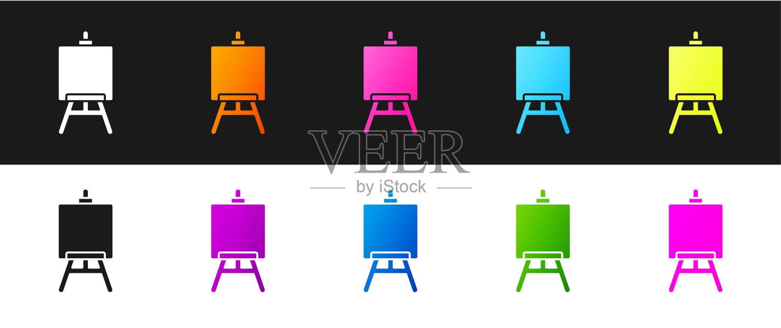 设置木画架或绘画艺术板图标孤立的黑色和白色背景。矢量图插画图片素材