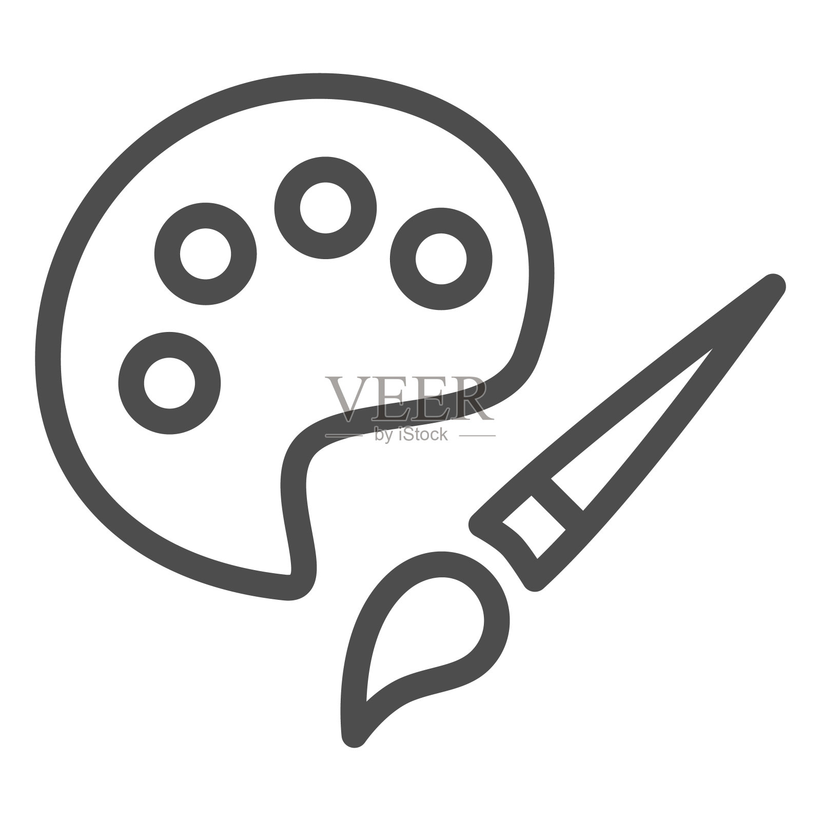 油漆和笔刷线条图标，绘图概念，油漆笔刷与调色板标志在白色背景，木制调色板与油漆和笔刷图标轮廓风格的移动概念和网页设计。插画图片素材