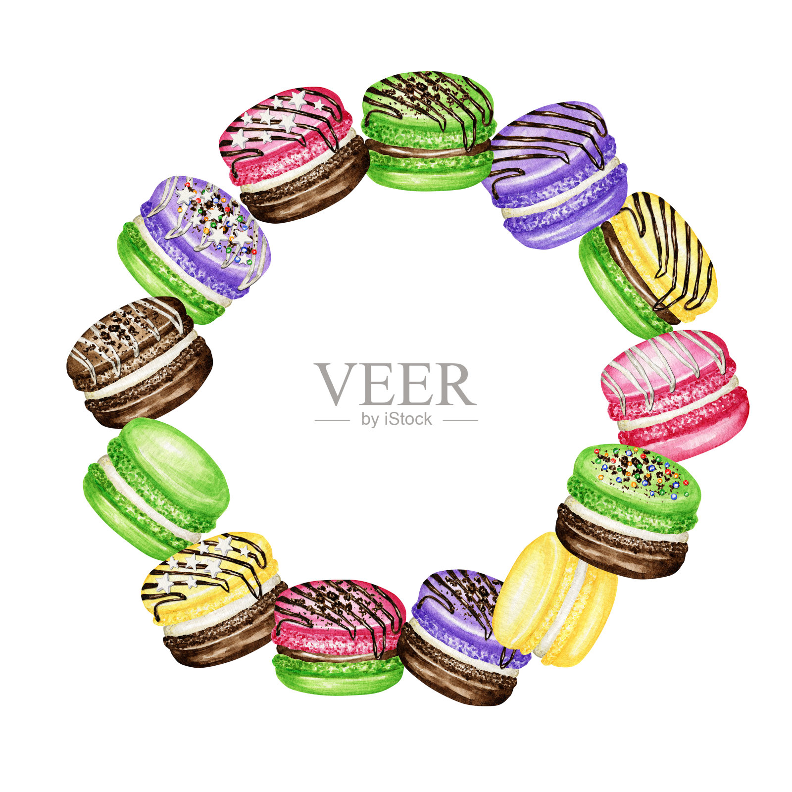 水彩法式马卡龙蛋糕花环框架。手绘水果甜点孤立在白色背景的杏仁饼干，甜的巧克力装饰，香草奶油。Logo Brending概念复制空间设计元素图片