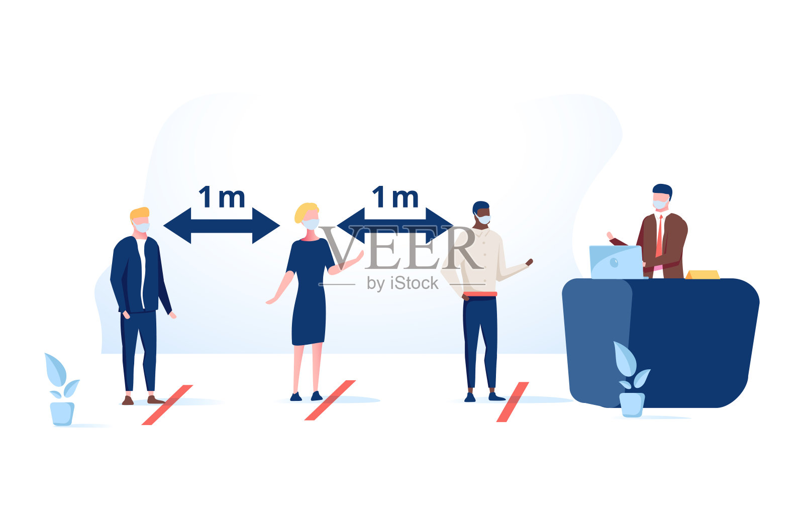 社交距离与新冠肺炎预防:在公共办公室和银行与他人保持安全距离插画图片素材