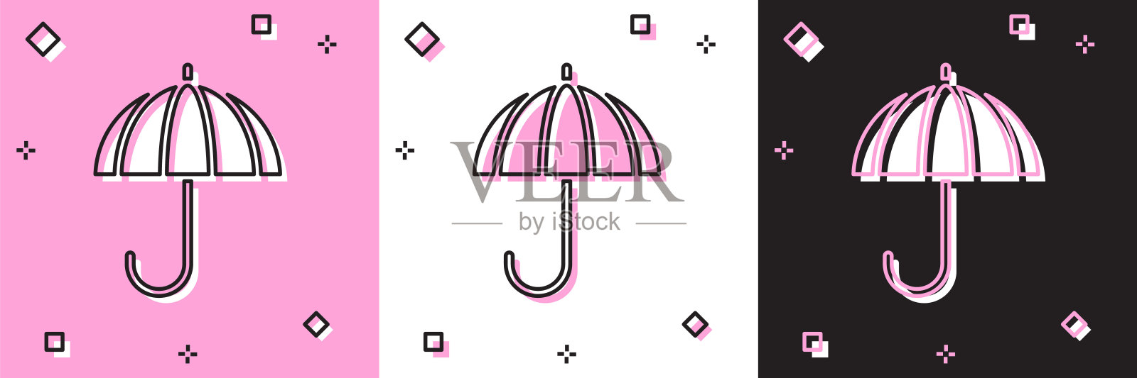 设置经典优雅的打开伞图标孤立在粉红色和白色，黑色的背景。雨保护的象征。矢量图插画图片素材