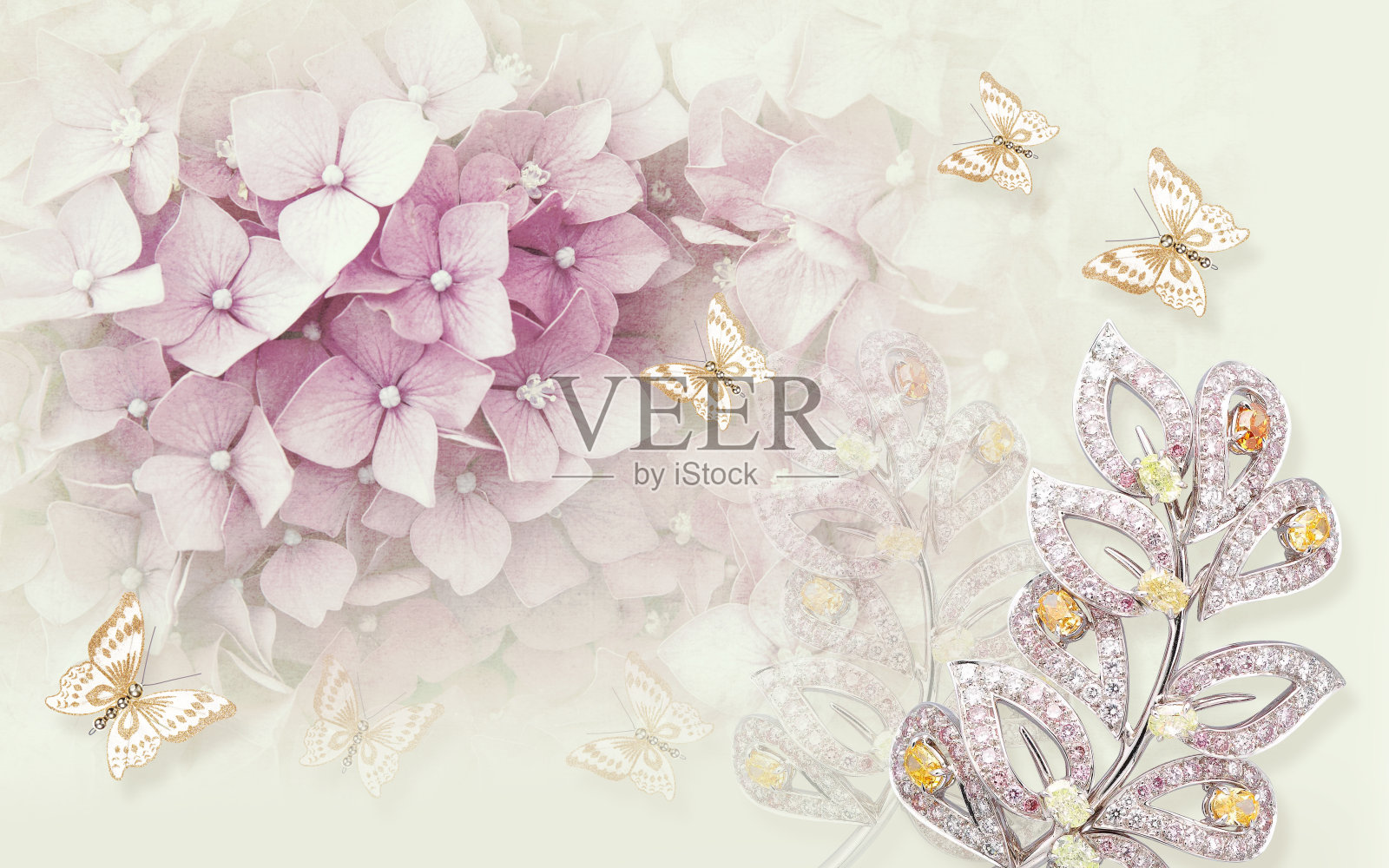 3D壁画：金色珠宝蝴蝶花卉圆形装饰画背景照片摄影图片