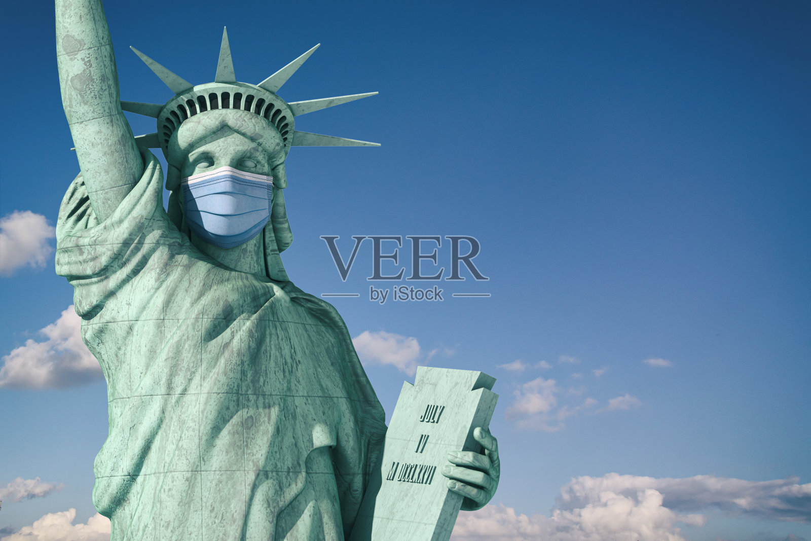 美国冠状病毒COVID - 19。自由女神像戴着医用口罩。美国医生的支持。照片摄影图片