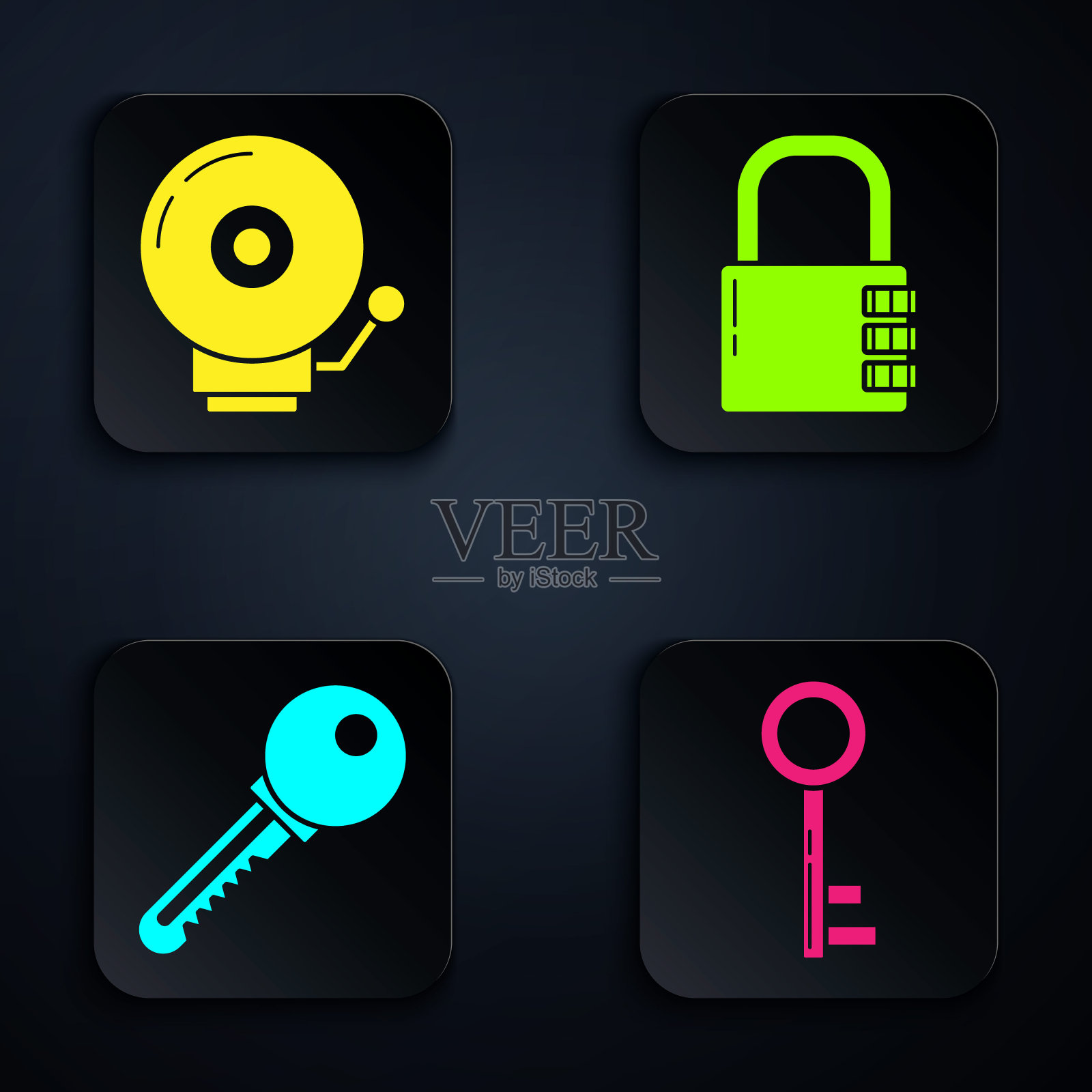 设置钥匙，铃声闹钟，钥匙和安全密码锁。黑色方形按钮。向量图标素材