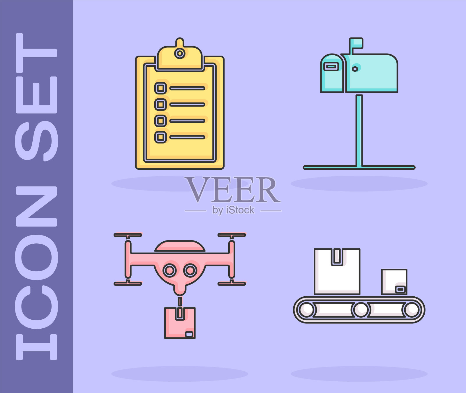 设置输送带与纸箱，核对送货清单剪贴板，送货无人机与包裹和打开邮箱图标。向量图标素材