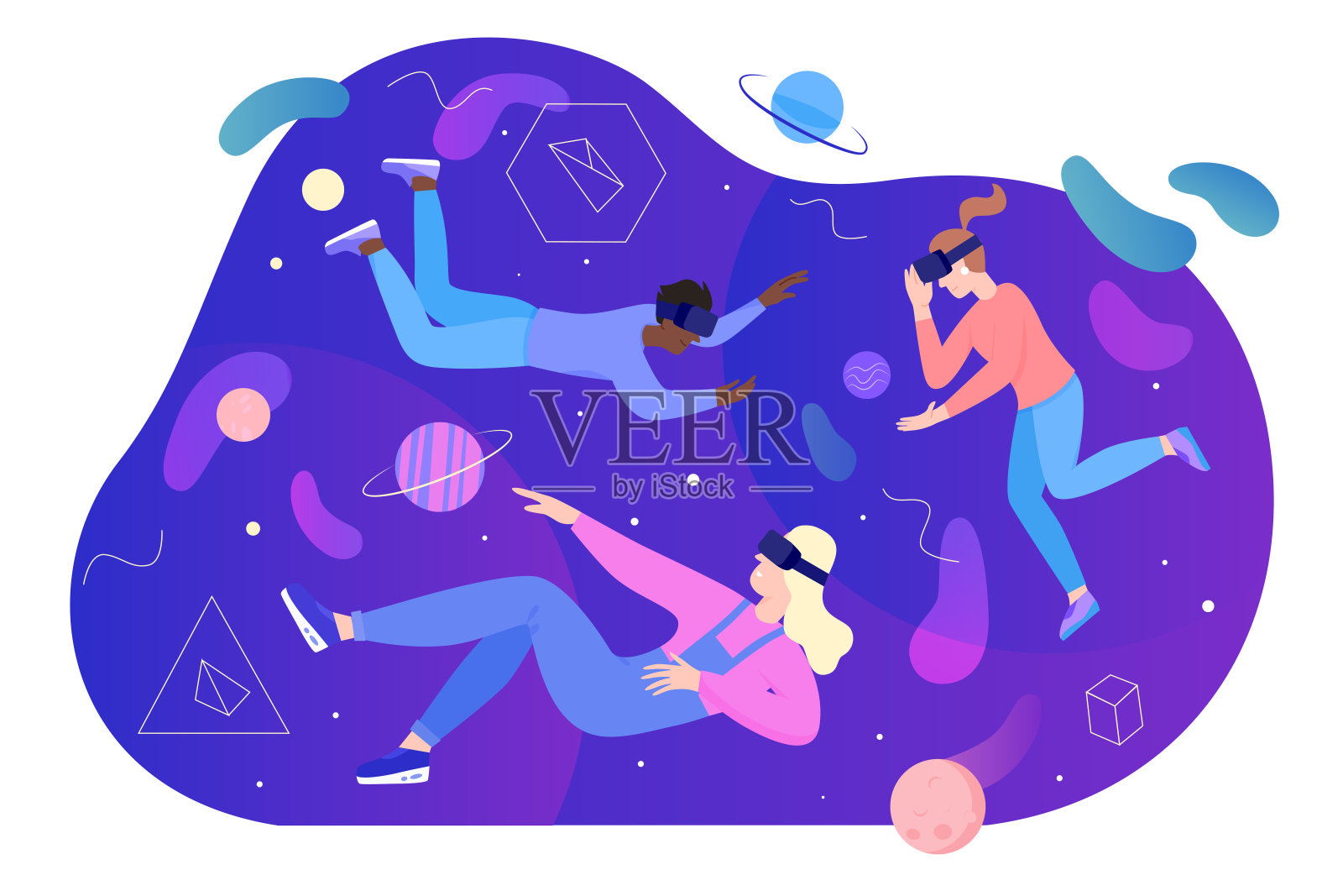 人在虚拟现实矢量插画，卡通平面男女人物在虚拟现实眼镜耳机飞，漂浮在抽象的梦幻空间孤立的白色插画图片素材