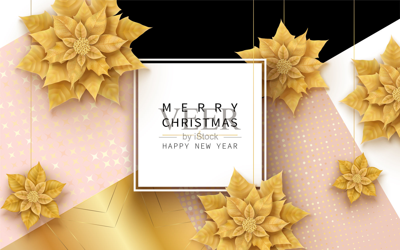 圣诞快乐和新年快乐卡片横幅与圣诞鲜花设计模板素材