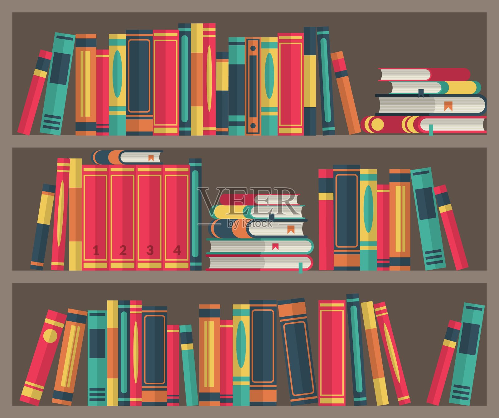 图书馆的房间。书架上的书。各种书籍摆放在书架上，木制的学习家具，矢量古典的室内插画图片素材