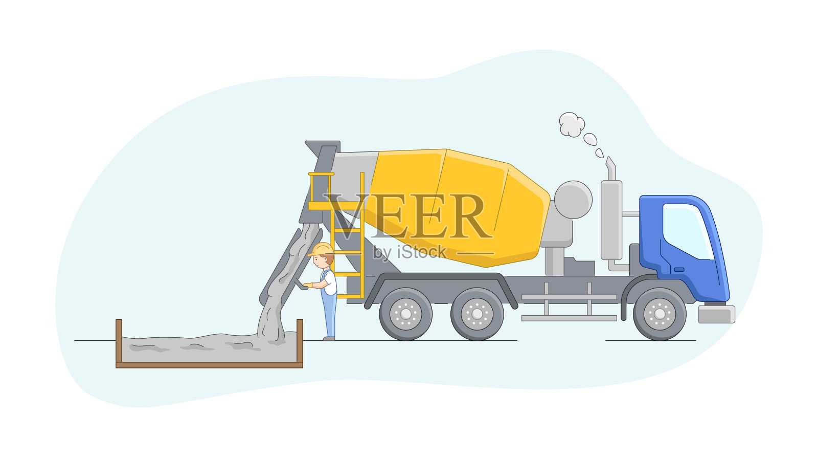 建筑的概念。混凝土搅拌机在工作。工人控制混凝土过程。工程机械操作员工作。工作中的男性性格。卡通线性轮廓平面矢量插图插画图片素材