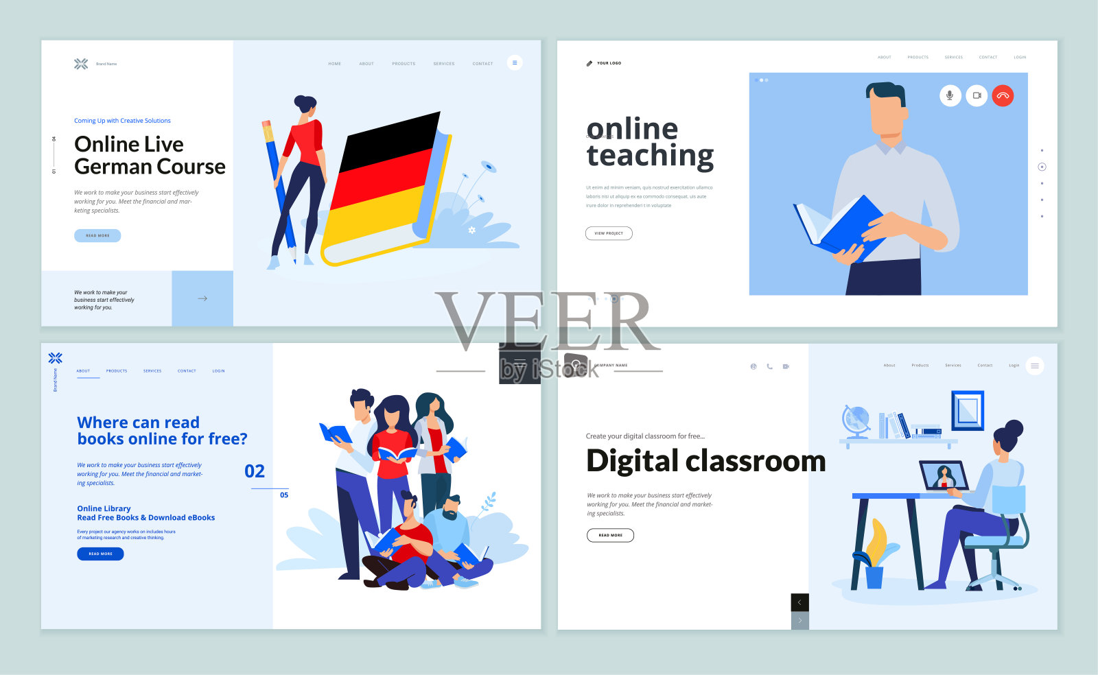 网页模板设计数字化课堂、在线教学、电子书、语言学校插画图片素材