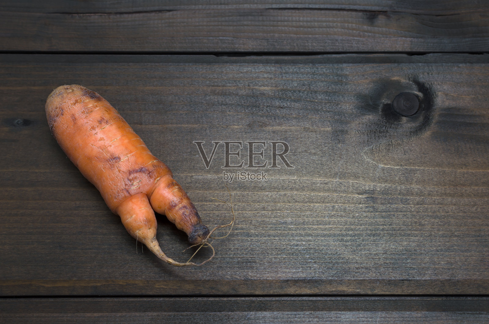 木头背景上的丑陋胡萝卜刚从花园里摘下来。有机食品的概念。顶部视图与复制空间。照片摄影图片
