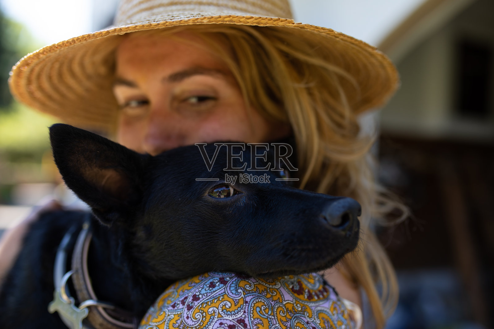 一只狗把头靠在一个女人的肩膀上照片摄影图片