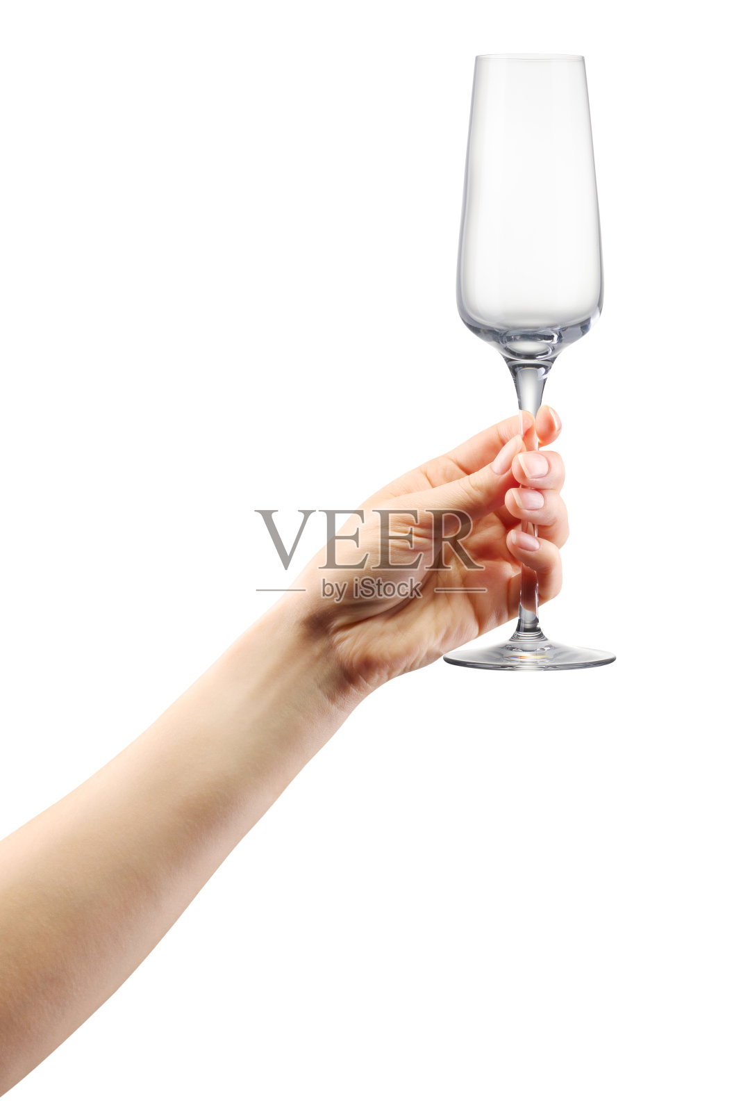 女人手捧空香槟，酒杯孤立白皙。照片摄影图片